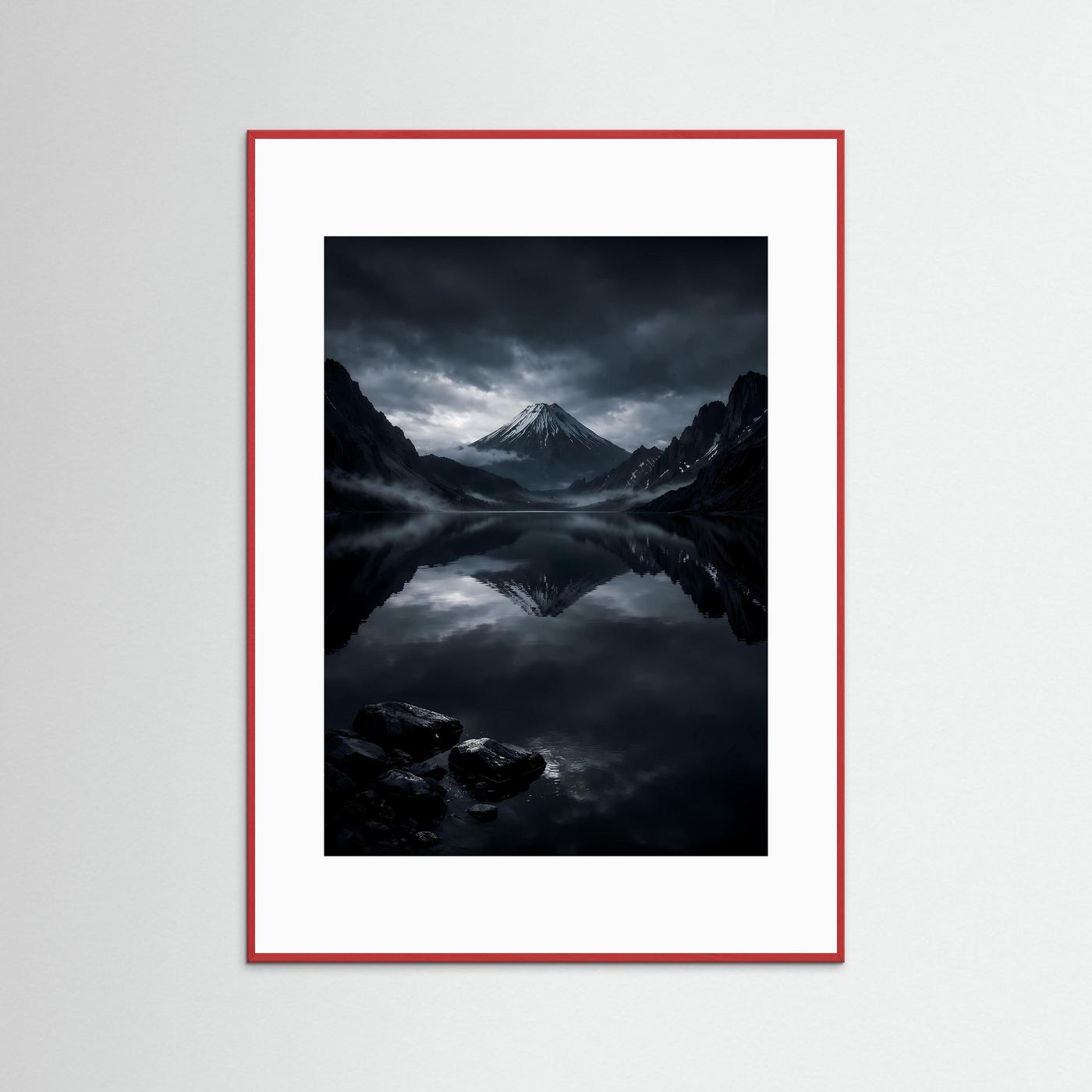Wandbild mit Vulkankegel und Bergsee, roter Rahmen mit weißem Rand