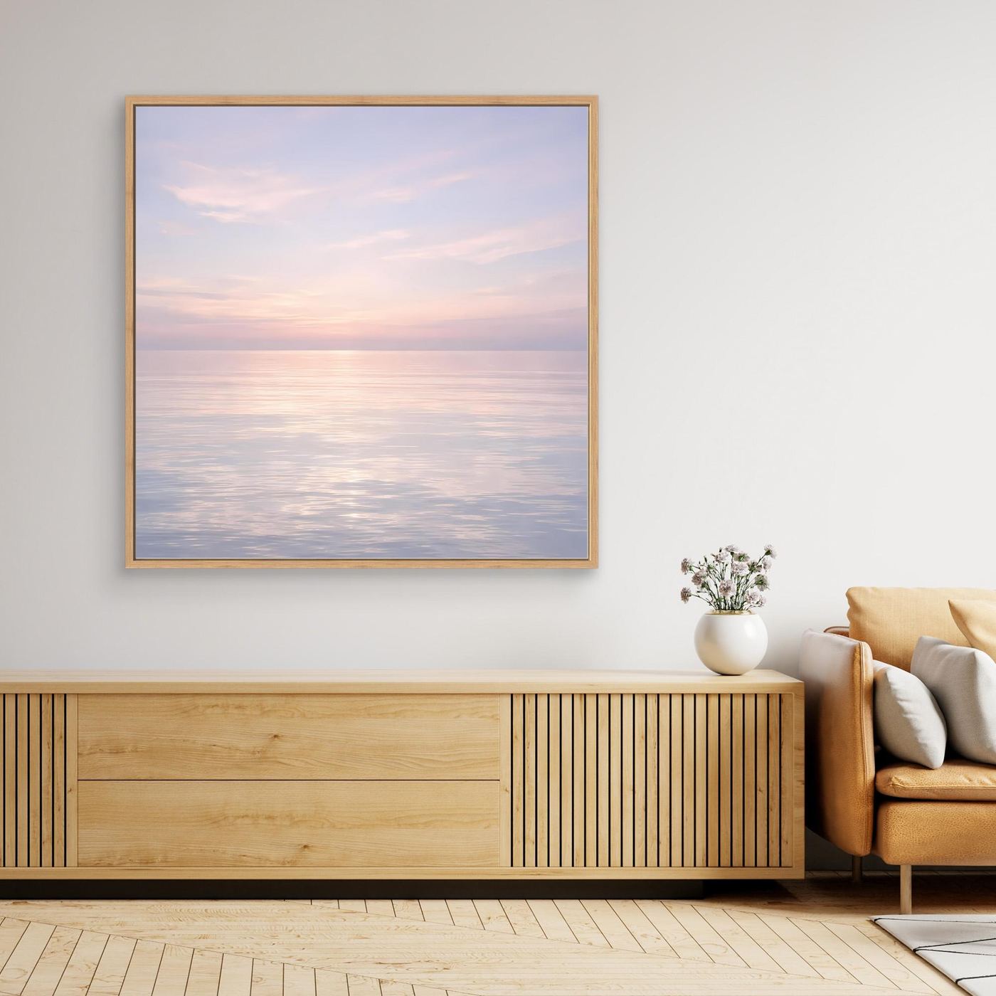 Wandbild mit goldfarbenem Rahmen: Pastellmeer bei Sonnenuntergang