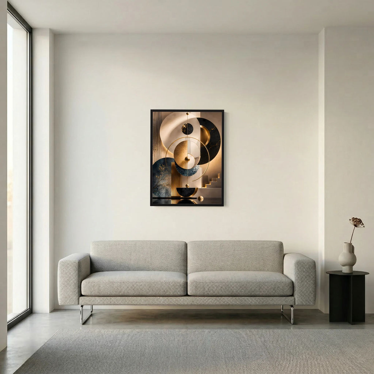 Gerahmtes Hochformat-Poster mit abstrakter Geometrie: Kreise in Gold, Schwarz, Beige und Petrol