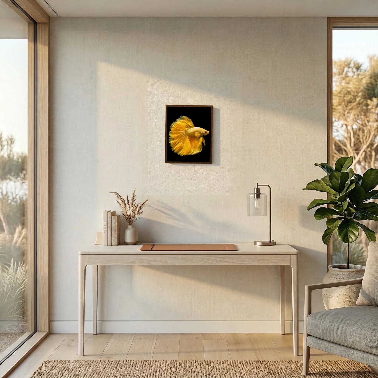 Gerahmtes Kunstposter mit goldgelbem Kampffisch an der Wand über weißem Konsolentisch