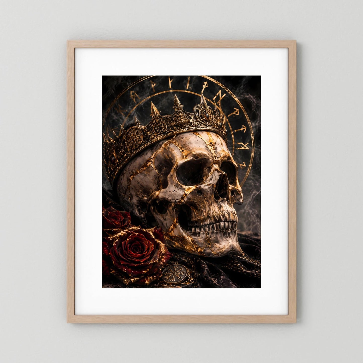 Hochformat-Poster mit Totenkopf, goldener Krone, roten Rosen und Runenkreis, Eichenrahmen