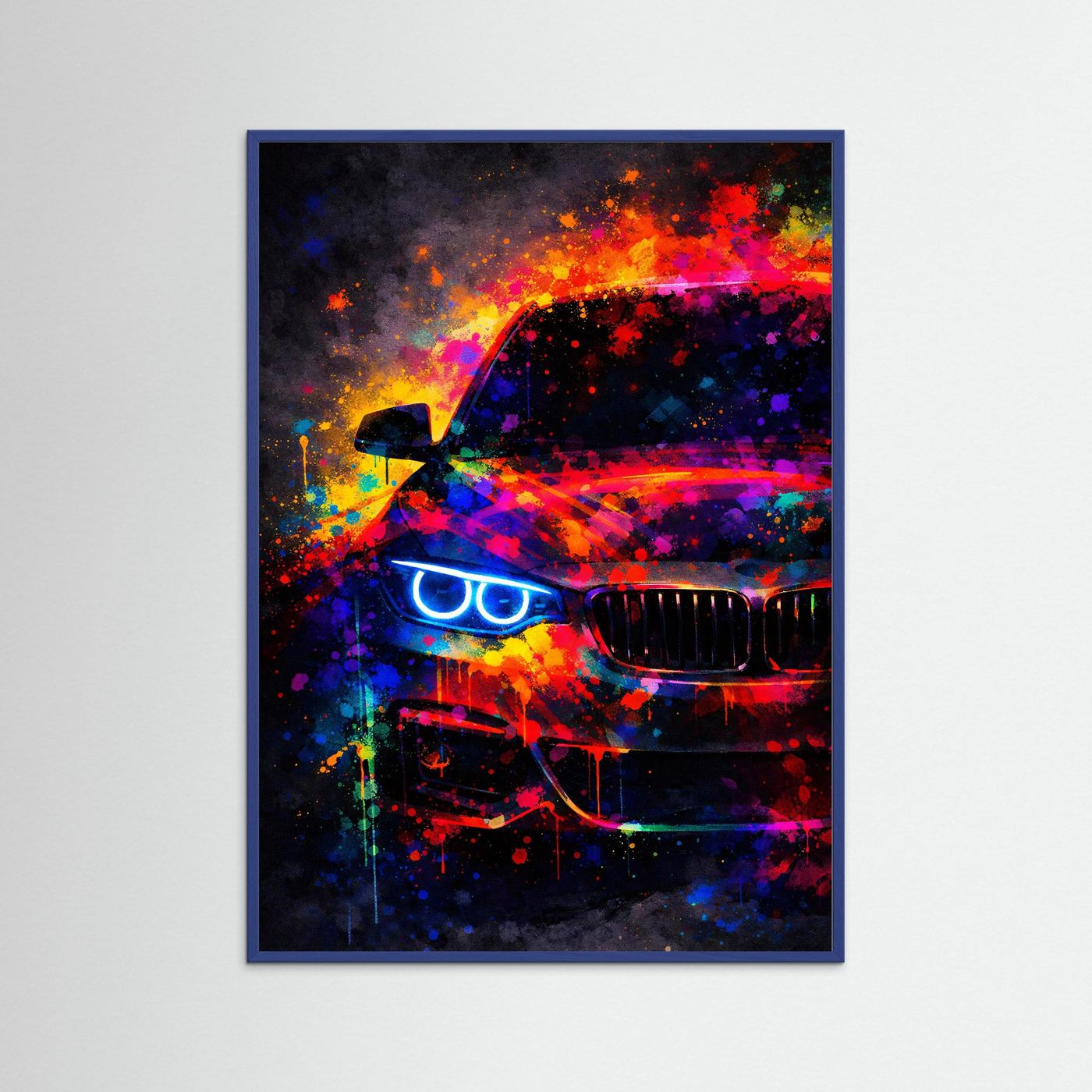 Abstraktes Sportwagen-Poster mit neonfarbener BMW-Optik, Hochformat, blauer Rahmen