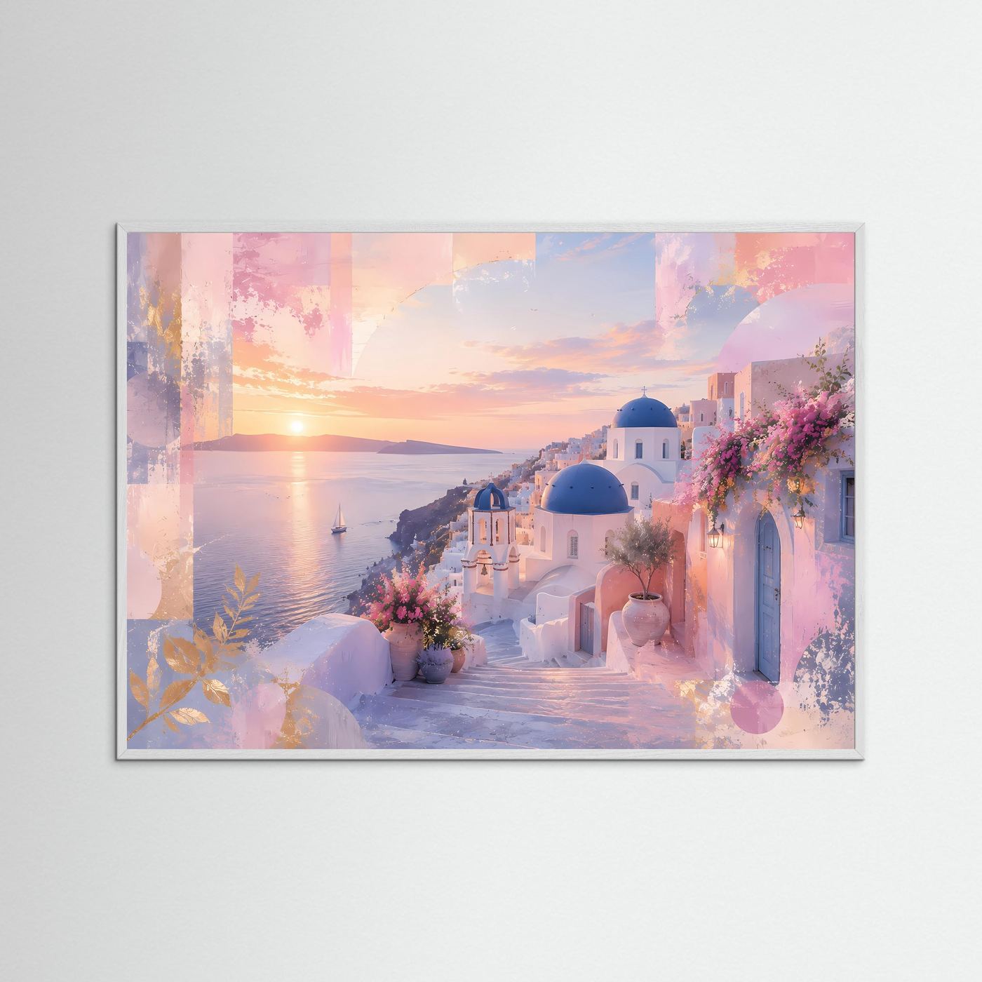 Santorini Poster | Pastell Griechenland Wandbild | Mediterrane Küstenlandschaft | Abstrakte Architektur Kunst | Sonnenuntergang Leinwand