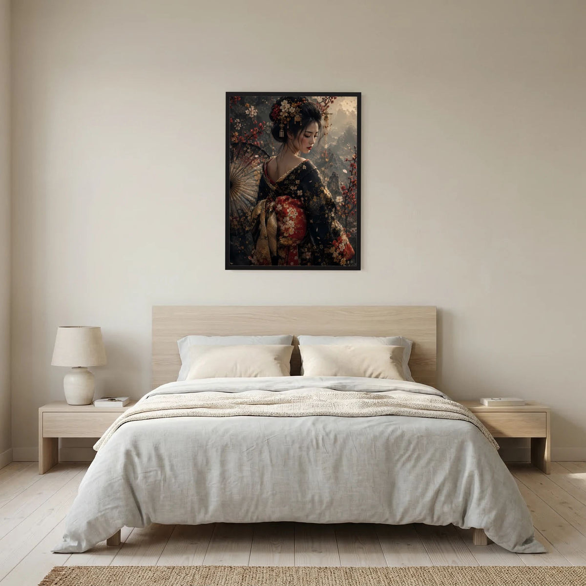Poster mit japanischer Geisha im floralen Kimono, schwarzer Rahmen, Ganzes Porträt