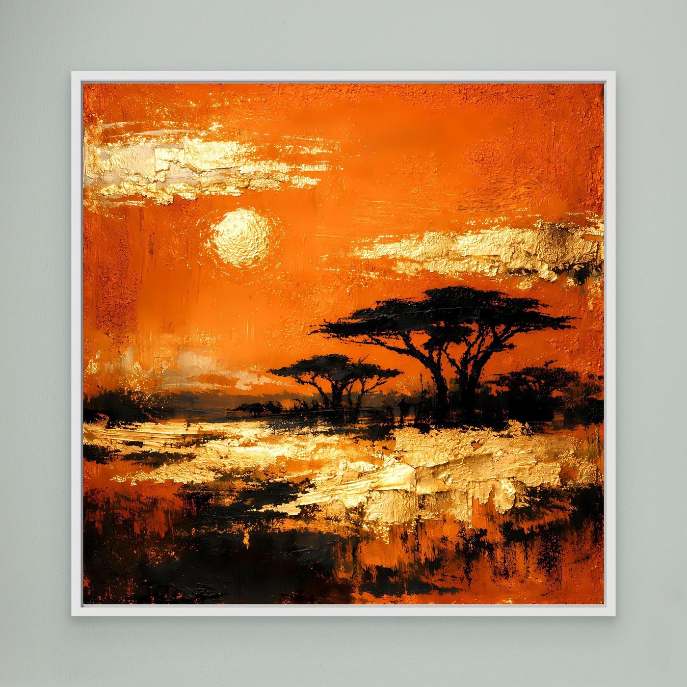 Leinwand Abstraktes Savannen-Panorama | Modernes Afrika Wandbild in Orange und Goldblättern