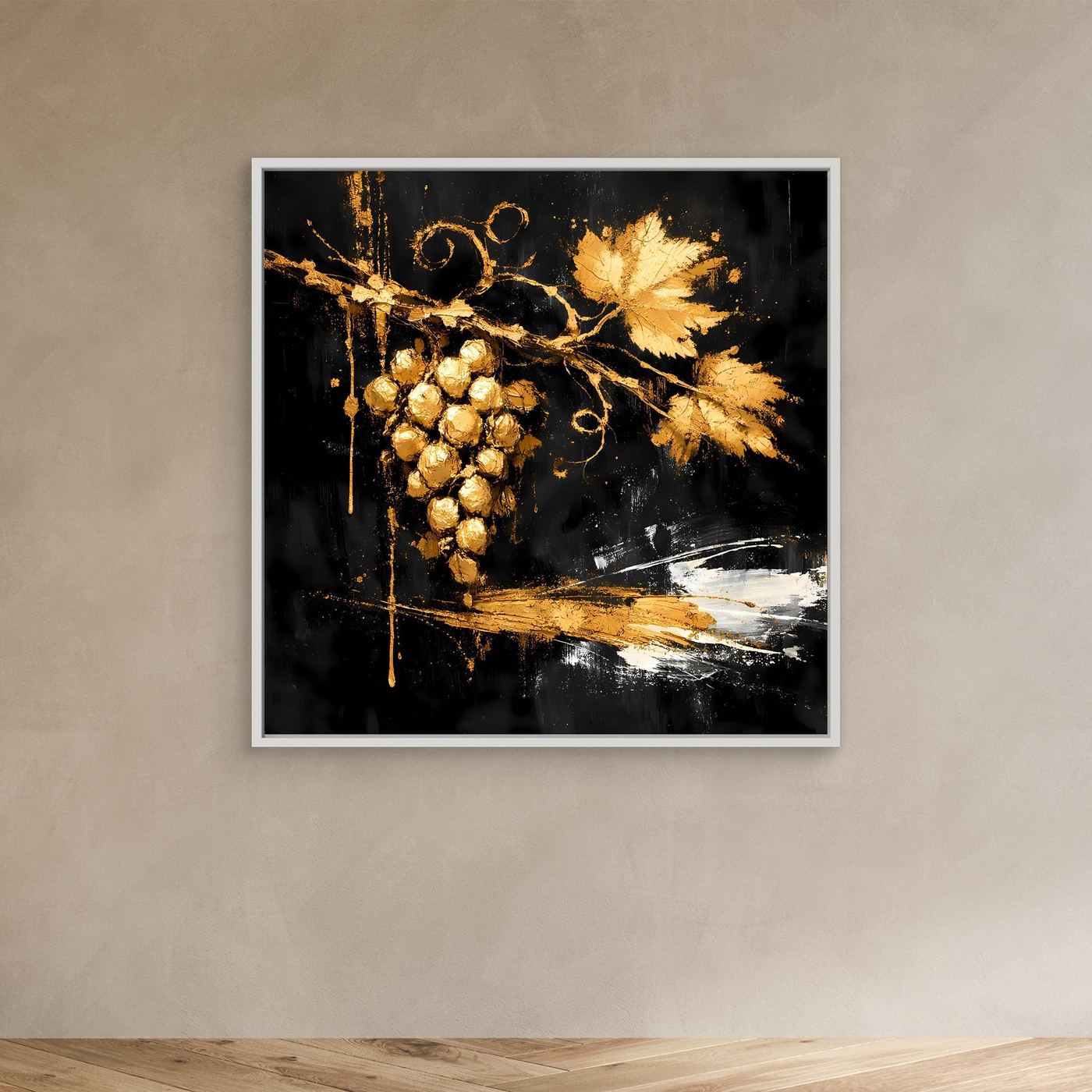 Leinwand Goldene Weintrauben auf Schwarz | Modernes Luxus Wandbild Küche & Wohnzimmer