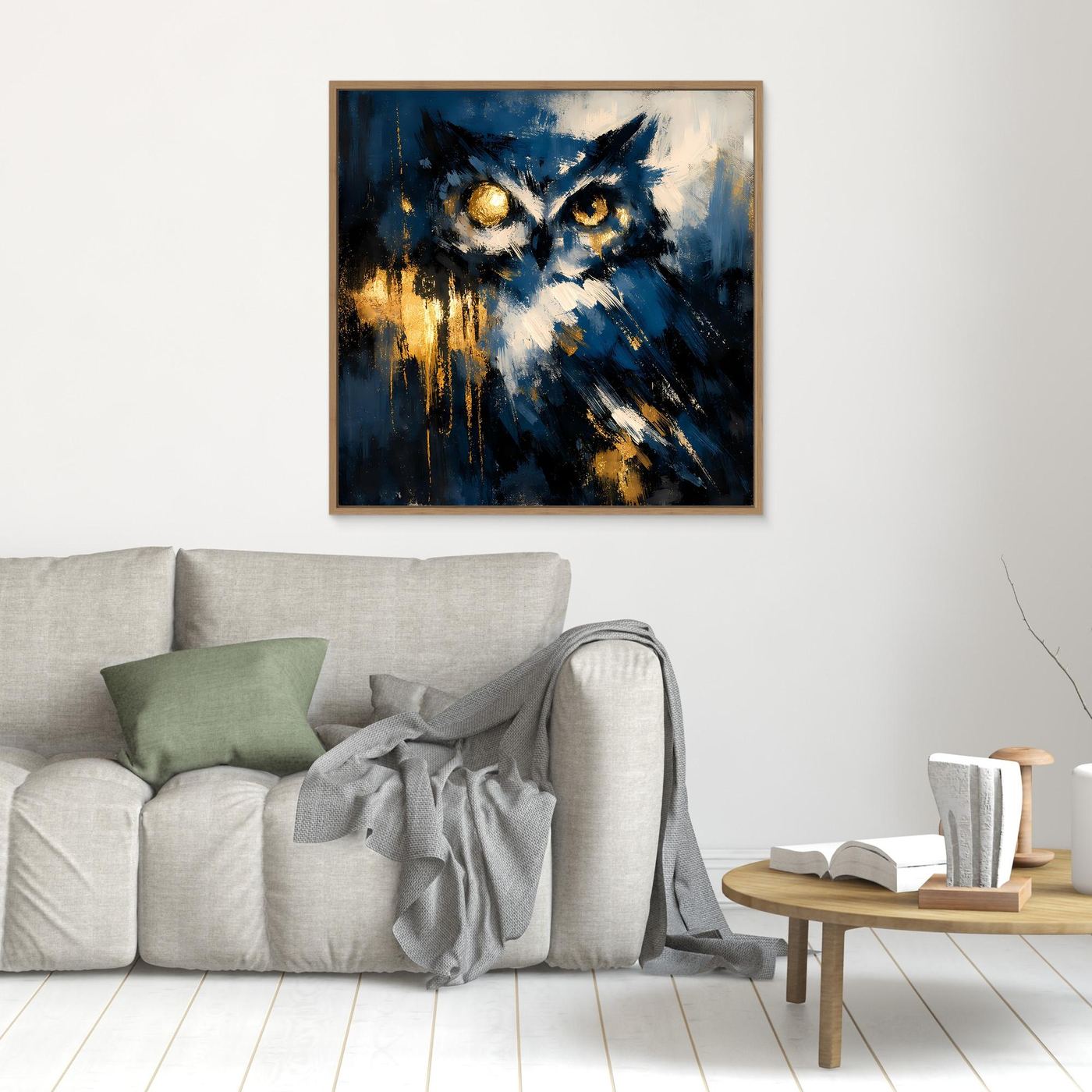 Abstraktes Eulen-Leinwandbild mit leuchtenden Augen in Blau und Gold, goldener Rahmen