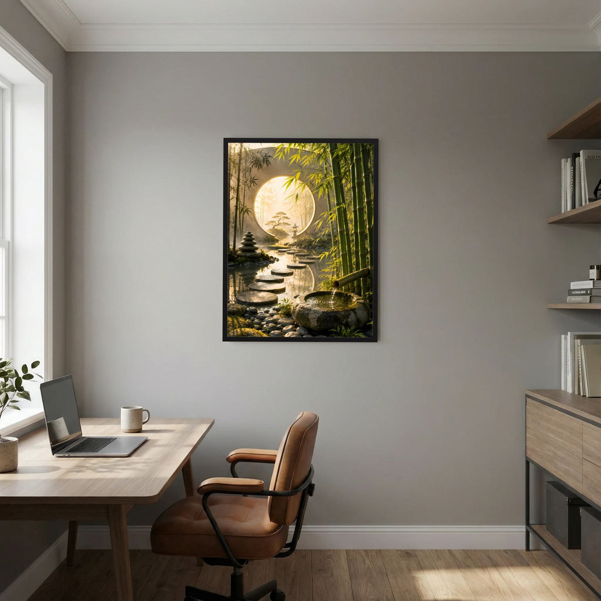 Zen-Garten-Poster mit rundem Mondtor, Bambus und Trittsteinen im Bachlauf, schwarzer Rahmen