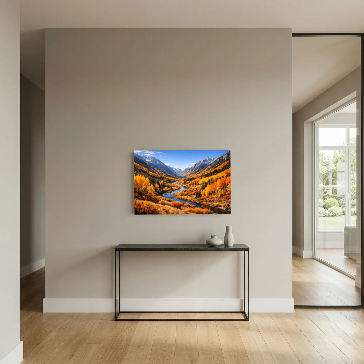 Wandposter querformat mit Landschaftsmotiv: Fluss im Herbst-Bergtal, blaue Berge