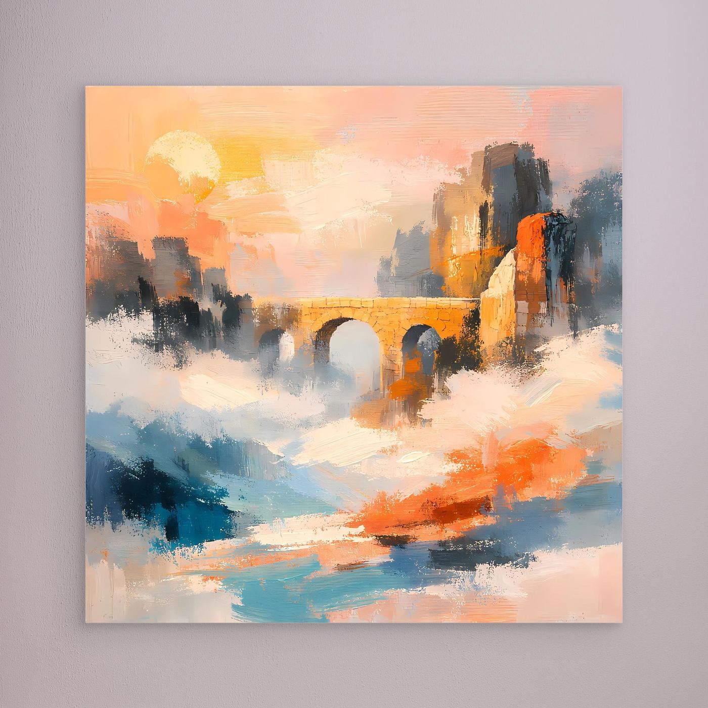 Premium Leinwand Historische Steinbrücke im Nebel | Abstraktes Aquädukt Wandbild im Sonnenaufgang