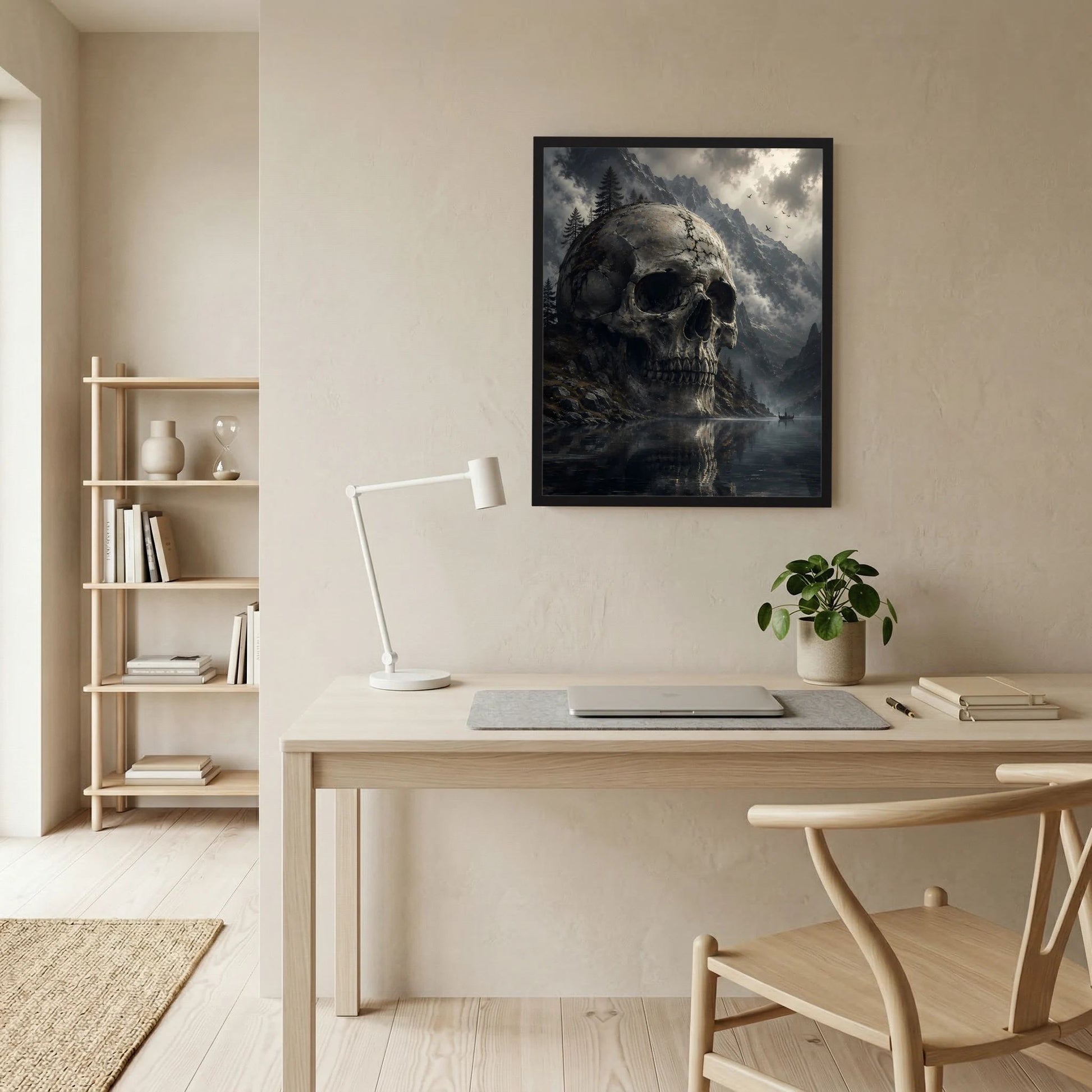 Gerahmtes Hochformat-Poster mit Totenkopf im Bergsee, dunkle Gebirgslandschaft