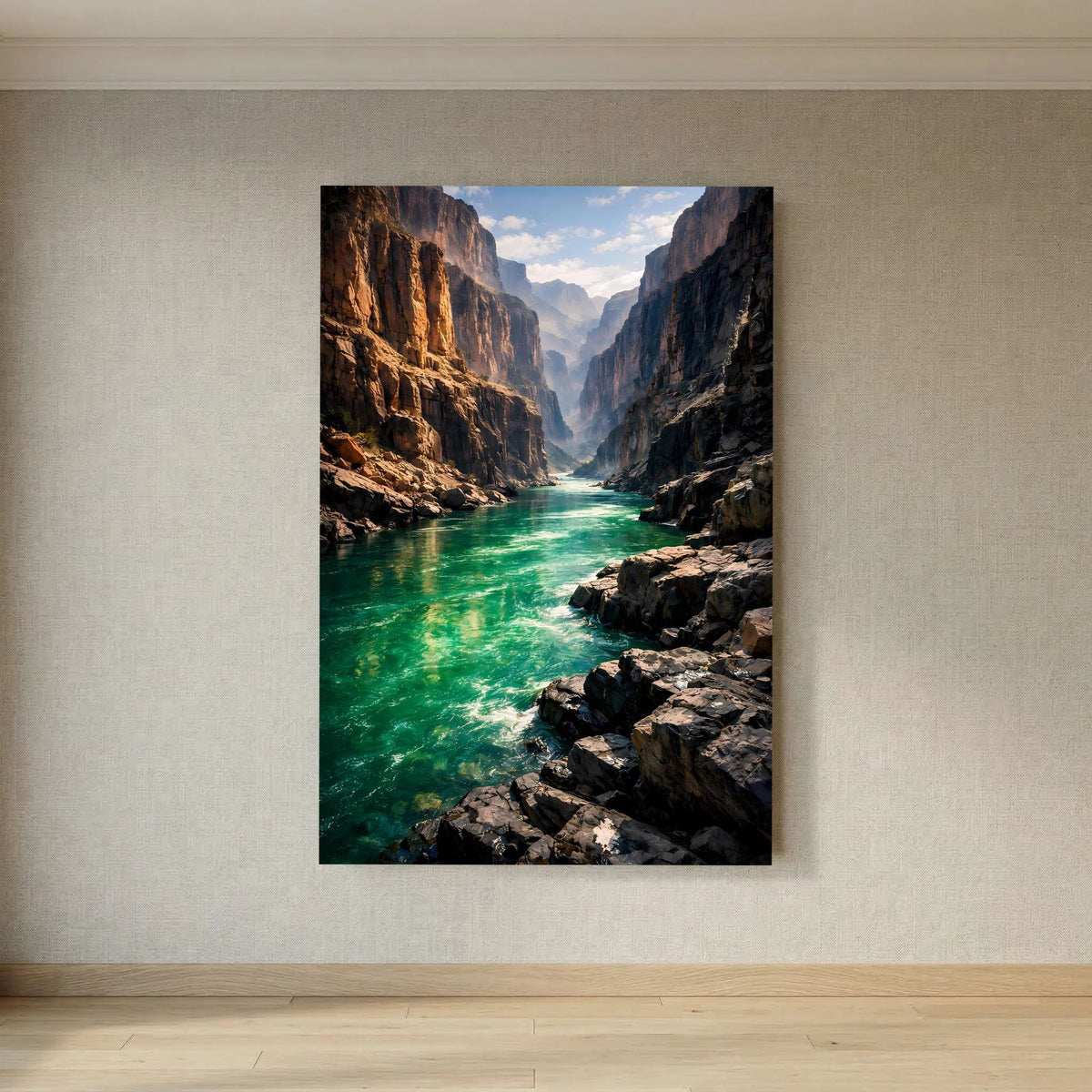 Wandposter im Hochformat: türkisgrüner Fluss durch eine enge Canyonpassage