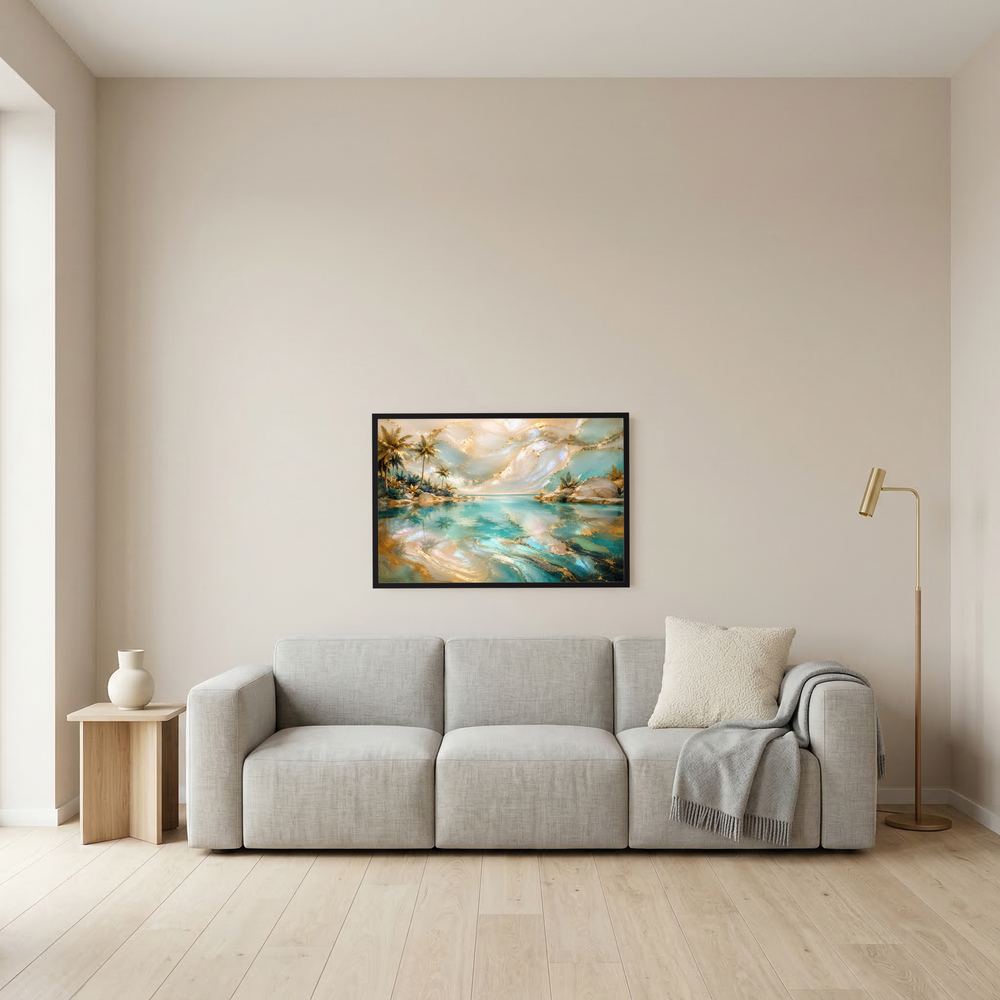 Gerahmtes Tropen-Lagunenposter mit türkisfarbenem Wasser, Palmen und goldfarbenen Lichtreflexen