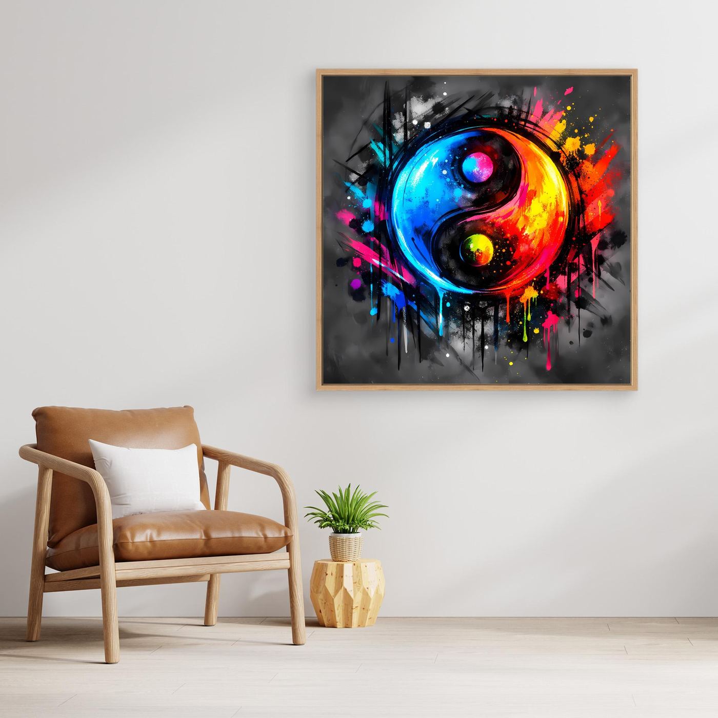 Leinwandbild Yin-Yang abstrakt mit bunter Farbkugel, Holzrahmen in Eichenoptik