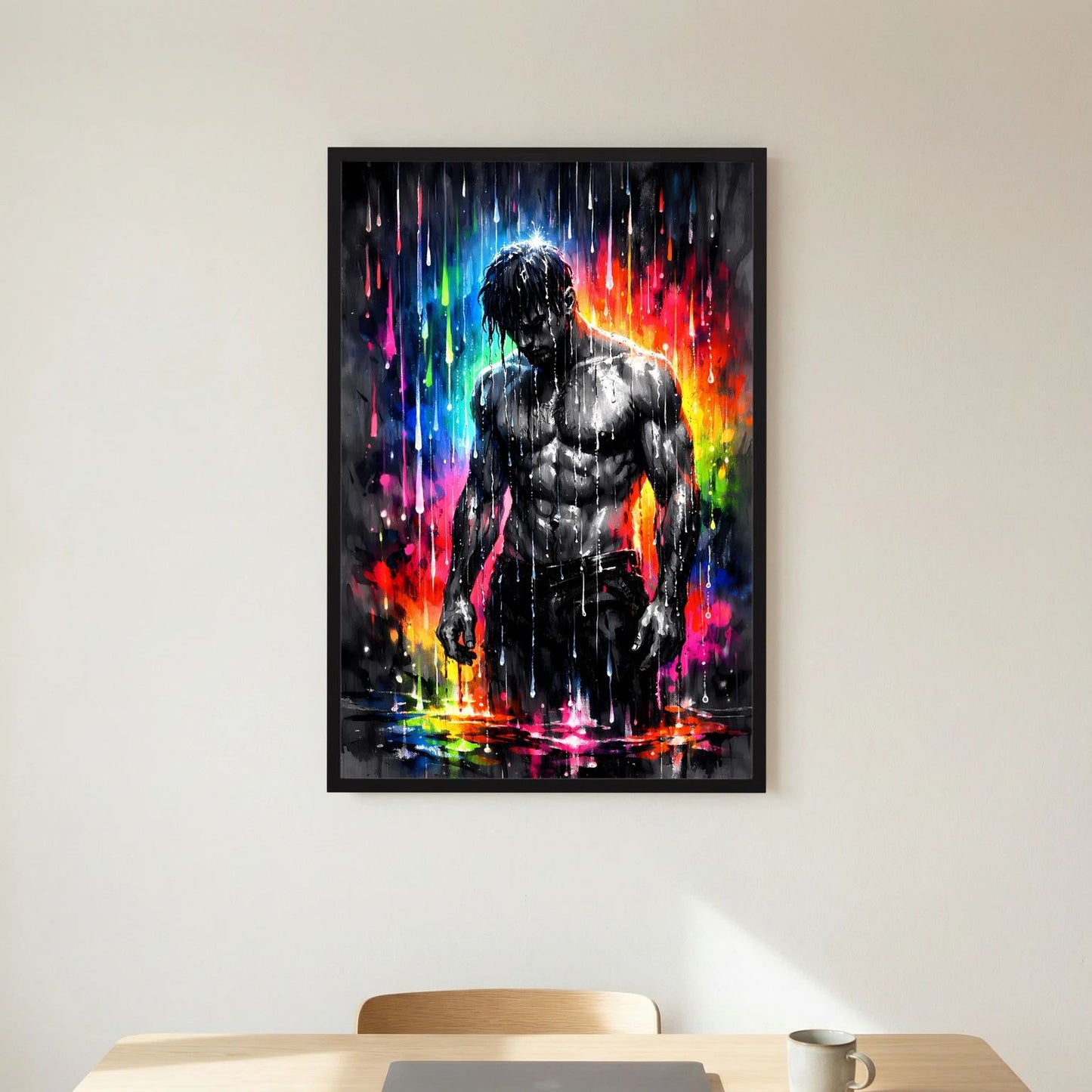 Wandbild im Hochformat mit muskulösem Mann in Schwarz, Regenbogen-Neonfarben, schwarzer Rahmen