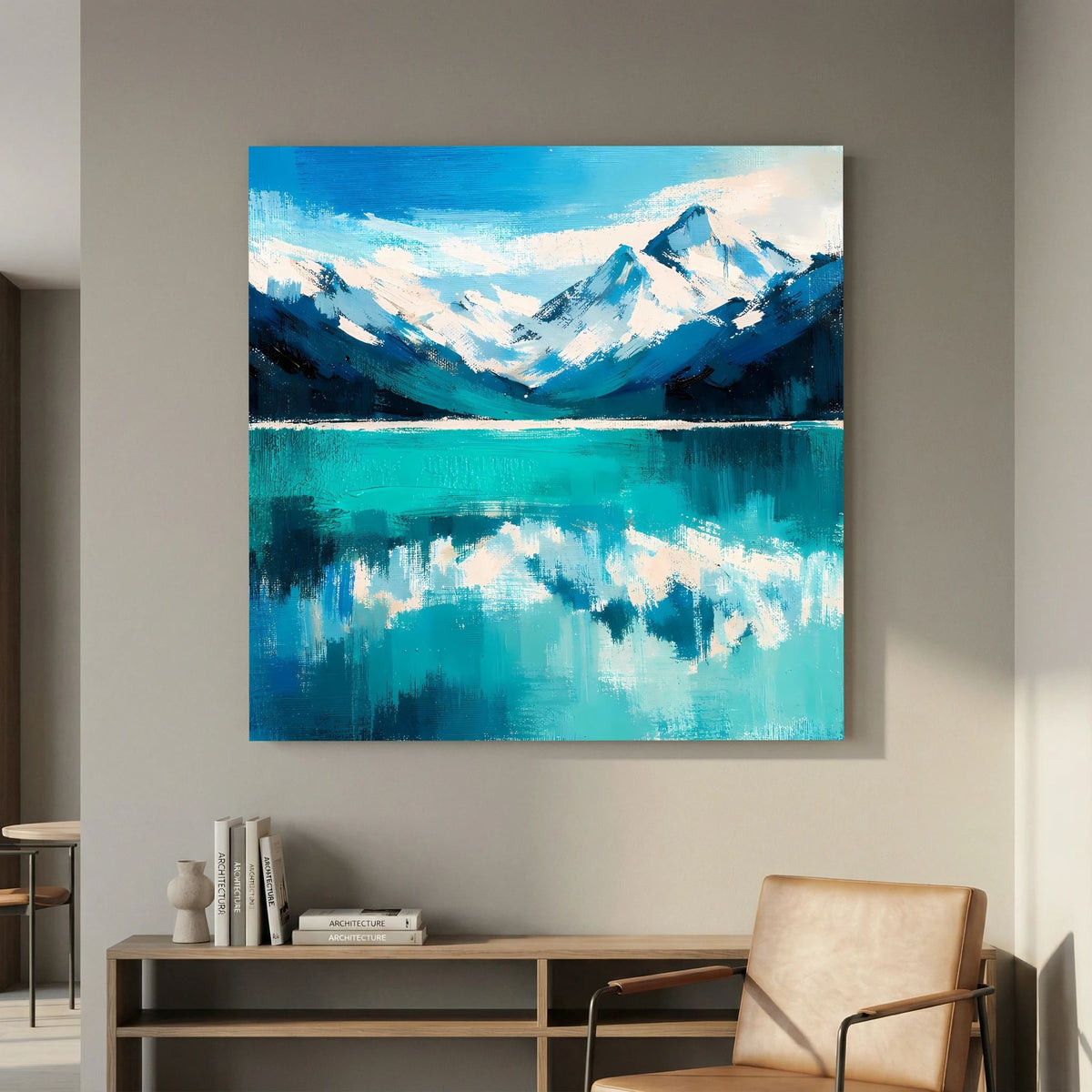 Leinwand Abstraktes Bergsee Gemälde | Modernes Alpines Wandbild Türkis Blau