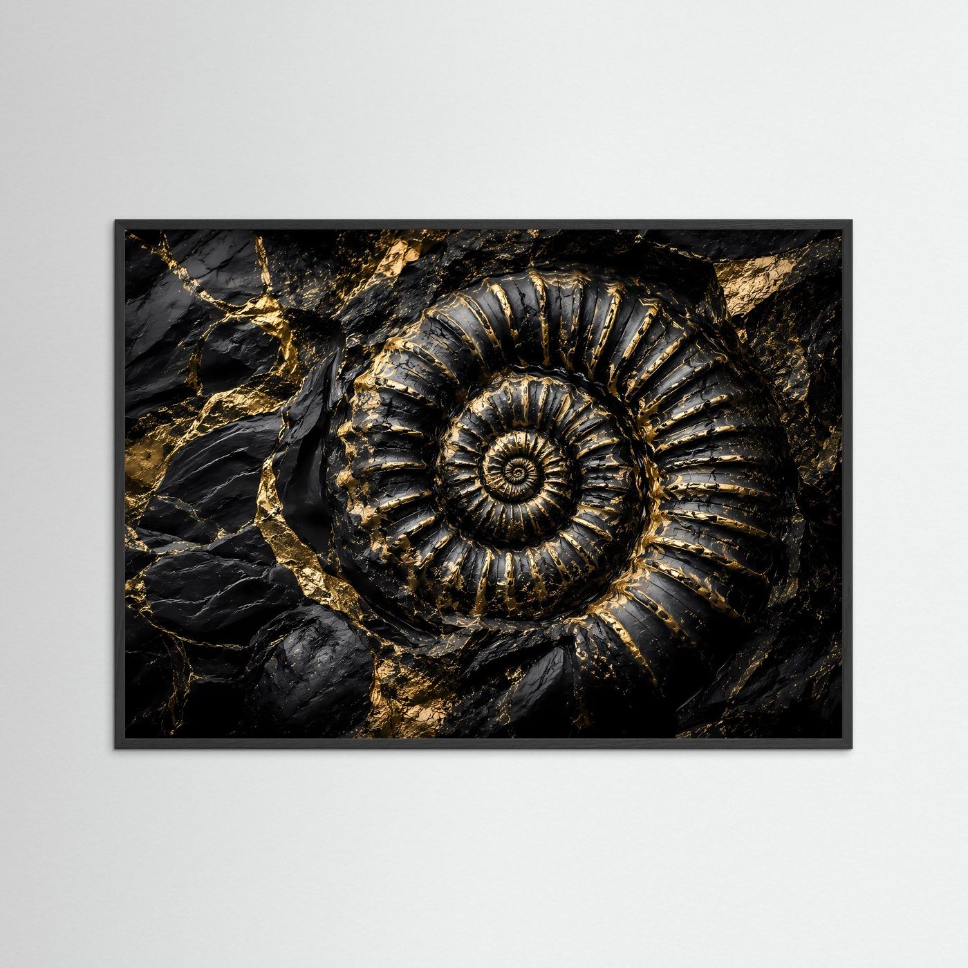 Ammonit Fossil Wandbild | Schwarz Gold Kunst | Geologie Poster | Luxus Leinwand | Prähistorische Natur Wanddeko | Moderne Wall Art