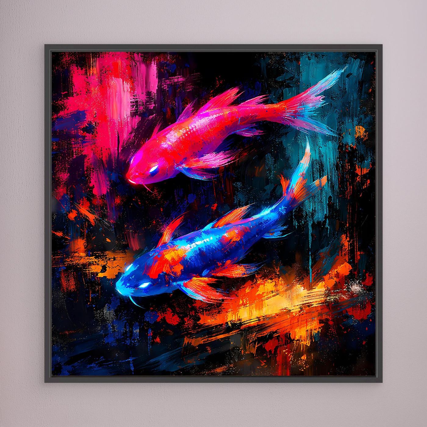 Leinwandbild mit leuchtenden Koi-Fischen in Pink-Blau, schwarz gerahmt