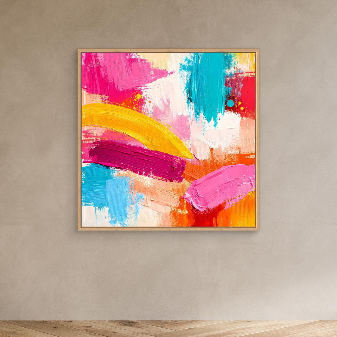 Abstraktes Leinwandbild im hellen Holzrahmen mit pastellen Farbbahnen in Pink, Türkis, Gelb und Orange.