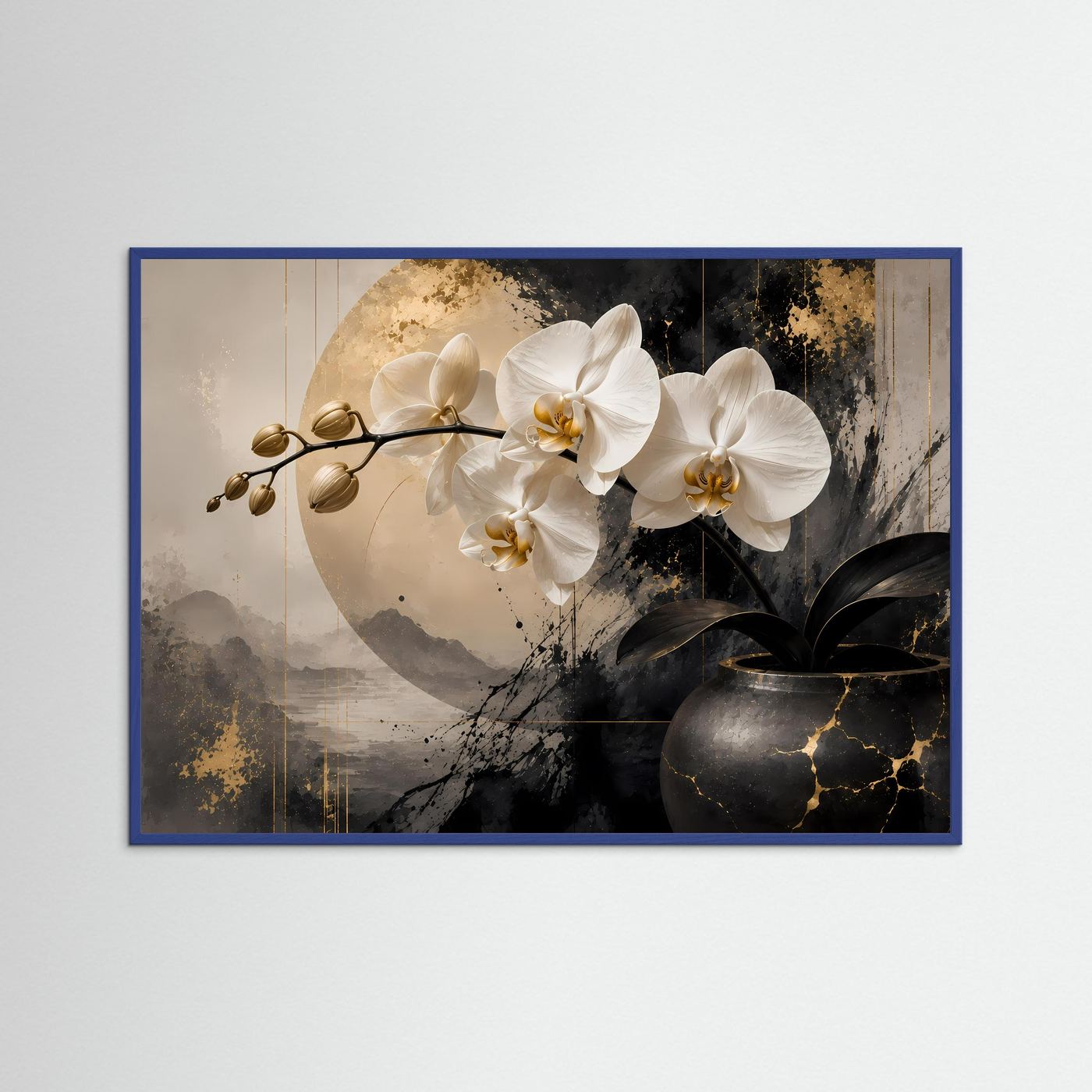 Elegante Orchidee in Schwarz, Weiß & Gold | Botanische & Abstrakte Kunst Wandbild