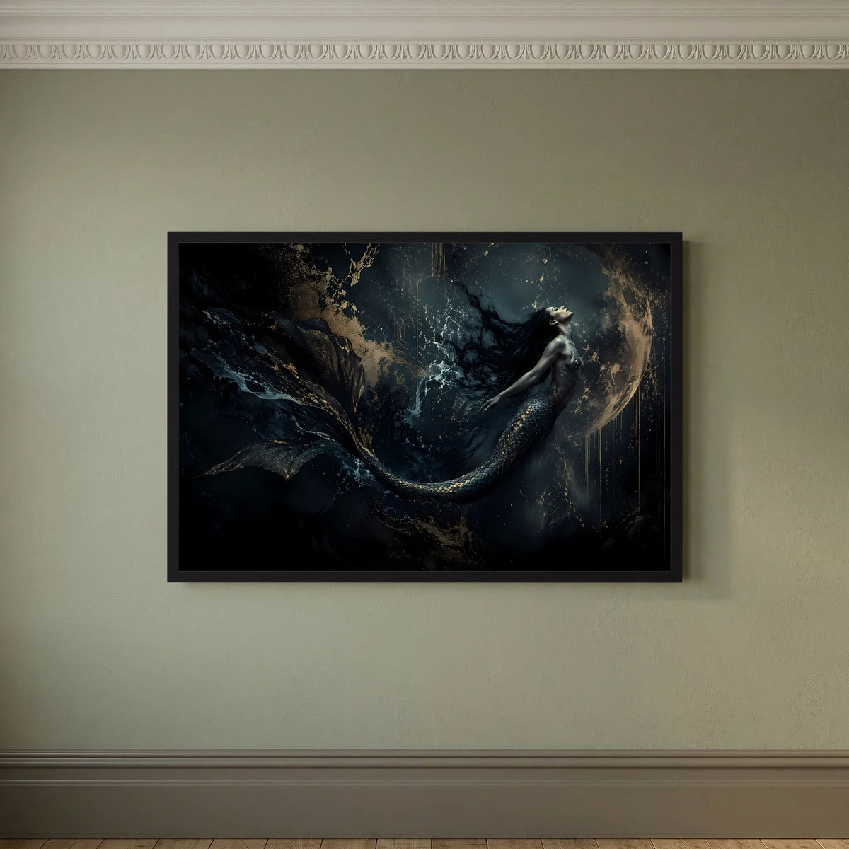 Querformatiges Fantasy-Wandbild mit Meerjungfrau, schwarz-gold, dunkler Rahmen