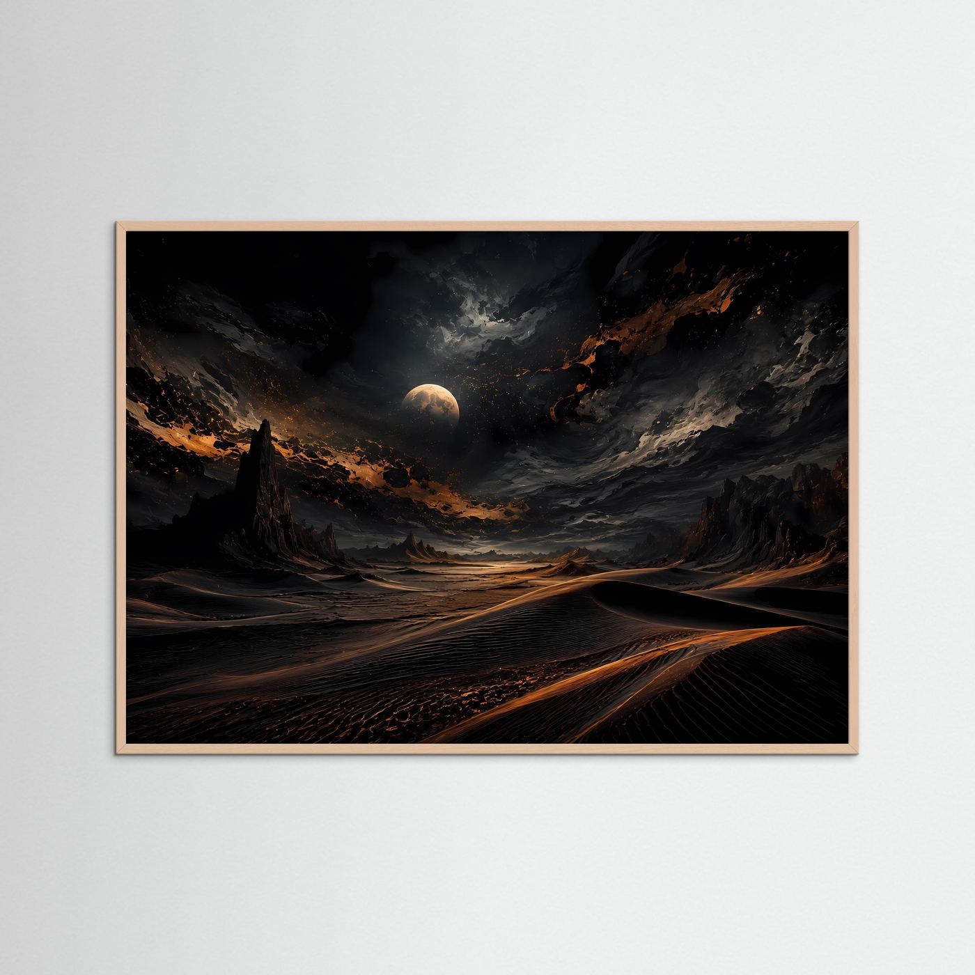 Mystische Wüste bei Nacht | Mondlandschaft Wandbild | Dunkle Dünen mit Gold Licht | Abstrakte Wüstenkunst | Premium Leinwand Poster