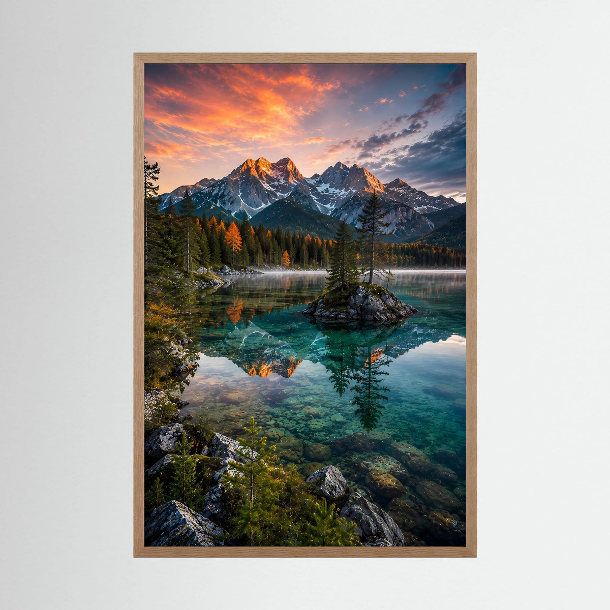 Kristallklarer Bergsee im Abendlicht | Bergpanorama mit Spiegelung | Poster Hochformat