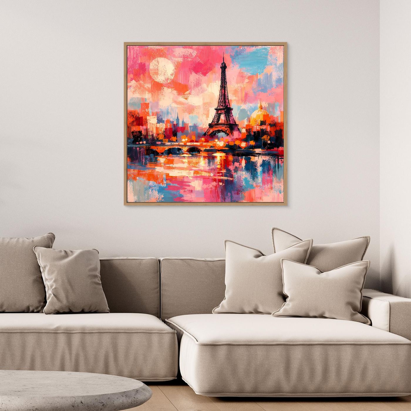 Gerahmtes Leinwand-Wandbild: Eiffelturm über farbigem Stadt- und Wasserpanorama