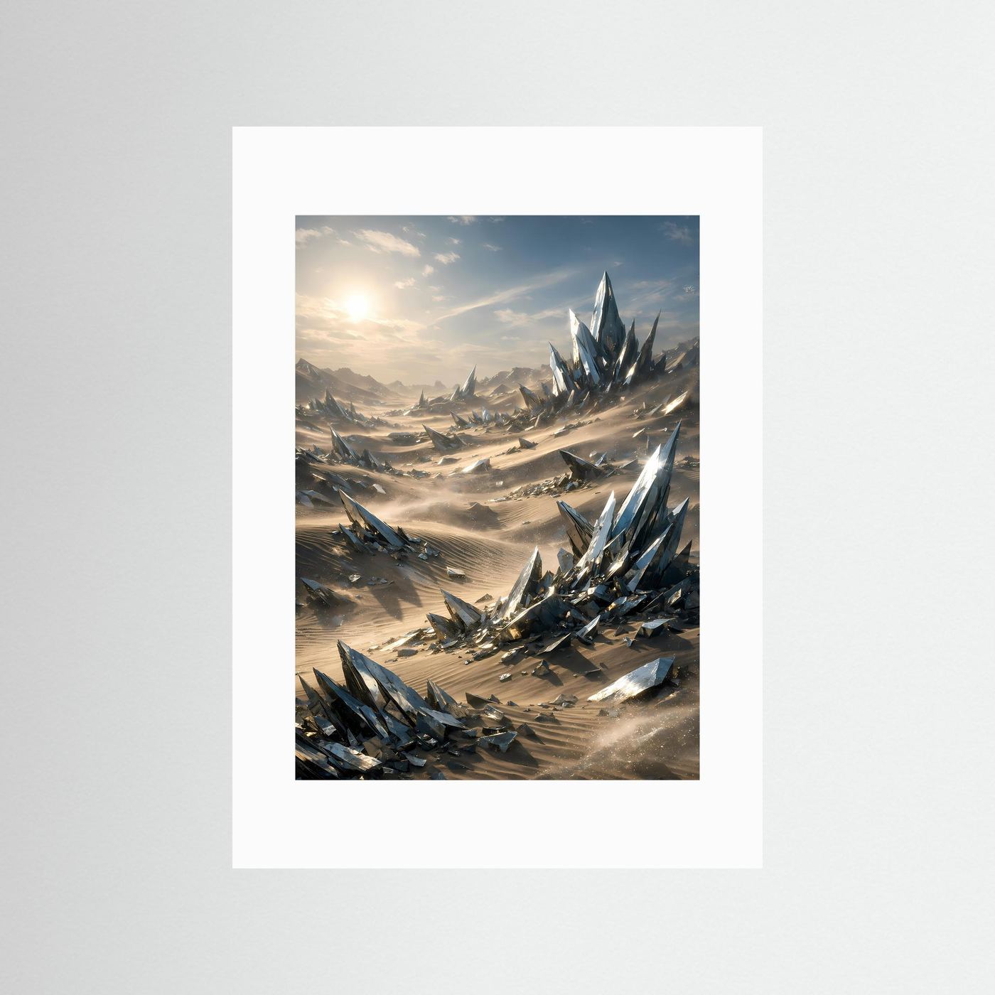 Hochformatiges Sci‑Fi-Kunstposter mit Quarzkristallen, mit weißem Passepartout