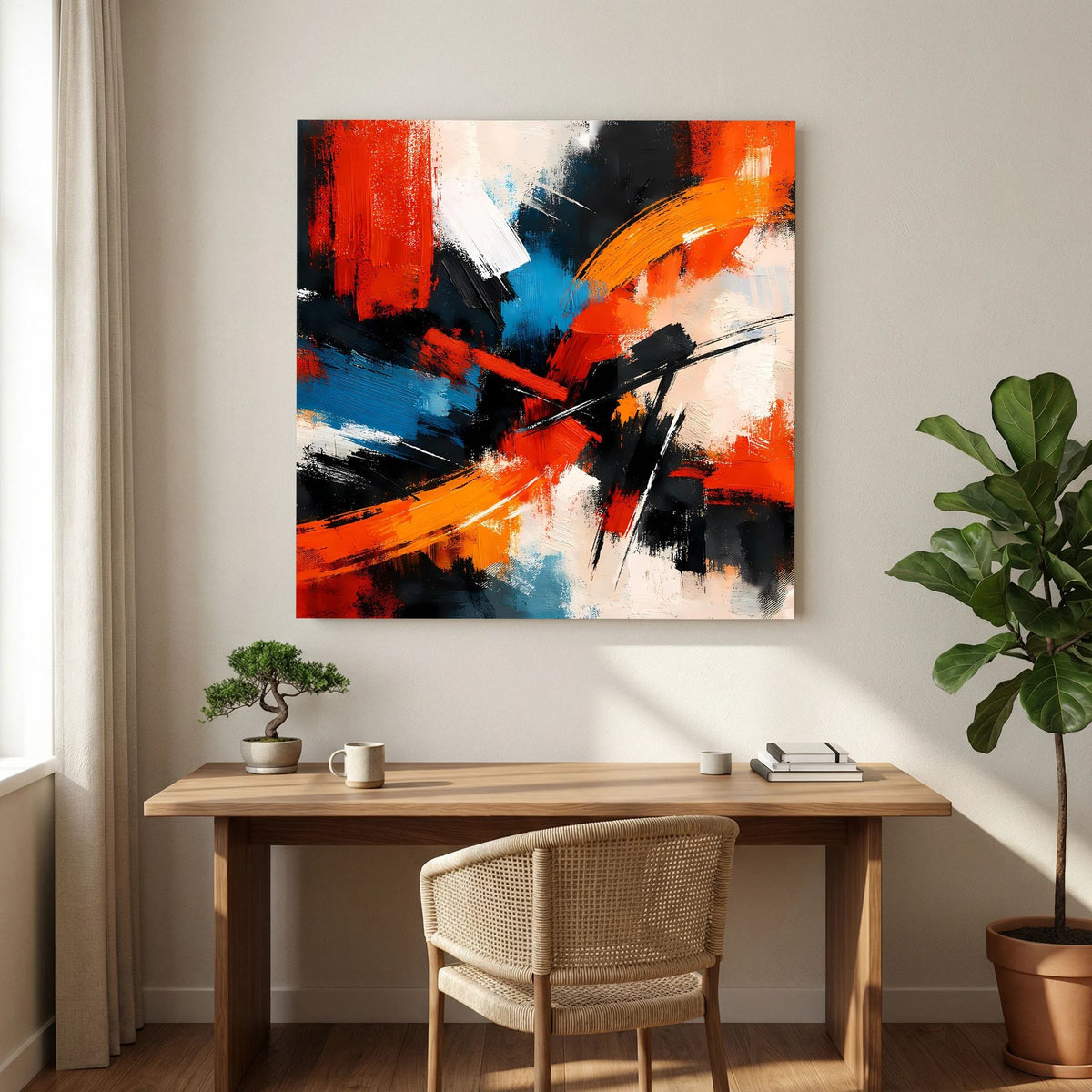 Abstraktes Leinwandbild auf Holzkeilrahmen mit roten, blauen und schwarzen Pinselstrichen