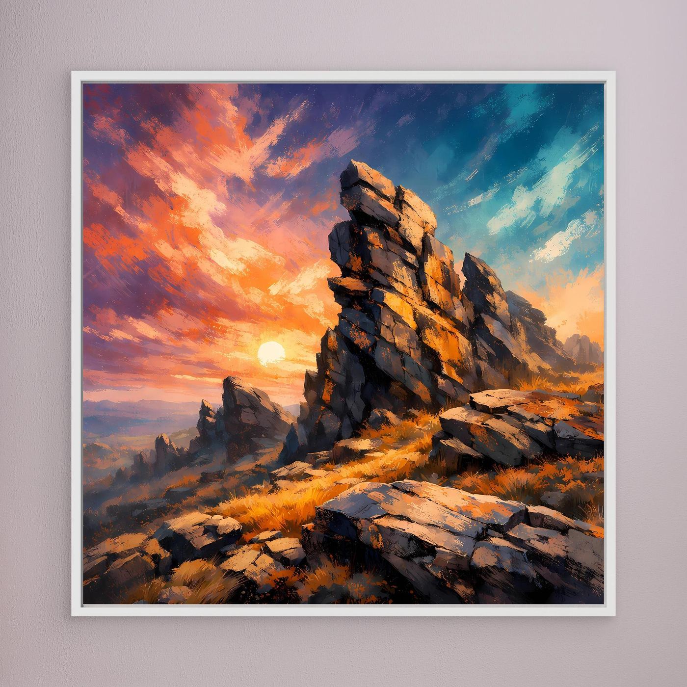 Premium Leinwand Monumentale Felsformation im Sonnenuntergang | Abstraktes Gebirge Wandbild
