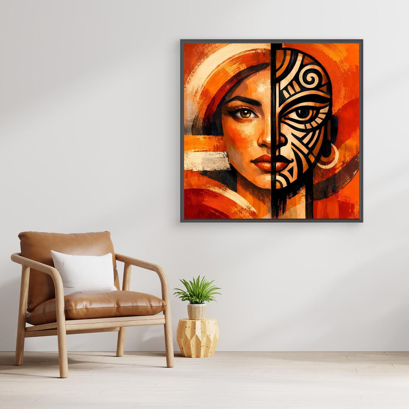Leinwandbild mit Rahmen: stilisiertes Porträt, orange-roter Hintergrund mit schwarzem Maskenornament