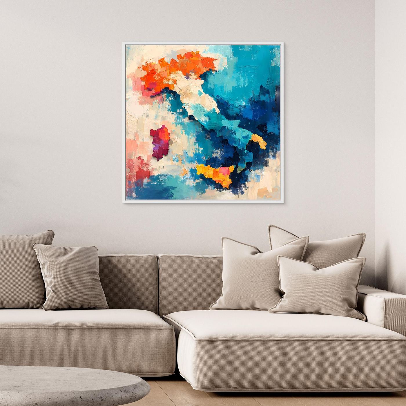 Abstract Italy map wall art with blue and orange paint strokes, white frame