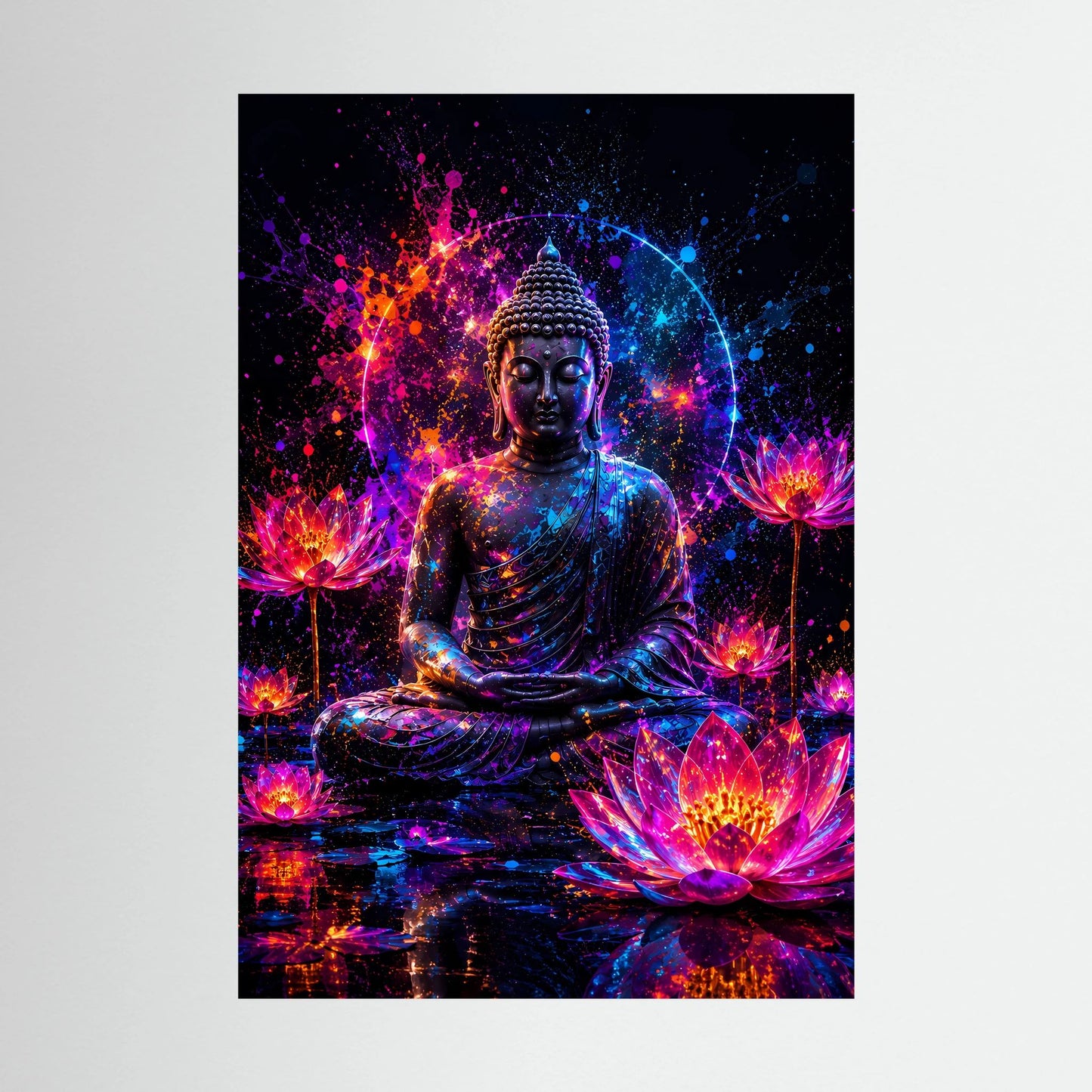 Poster Hochformat: sitzender Buddha in Neon-Pink/Blau mit leuchtenden Lotusblüten