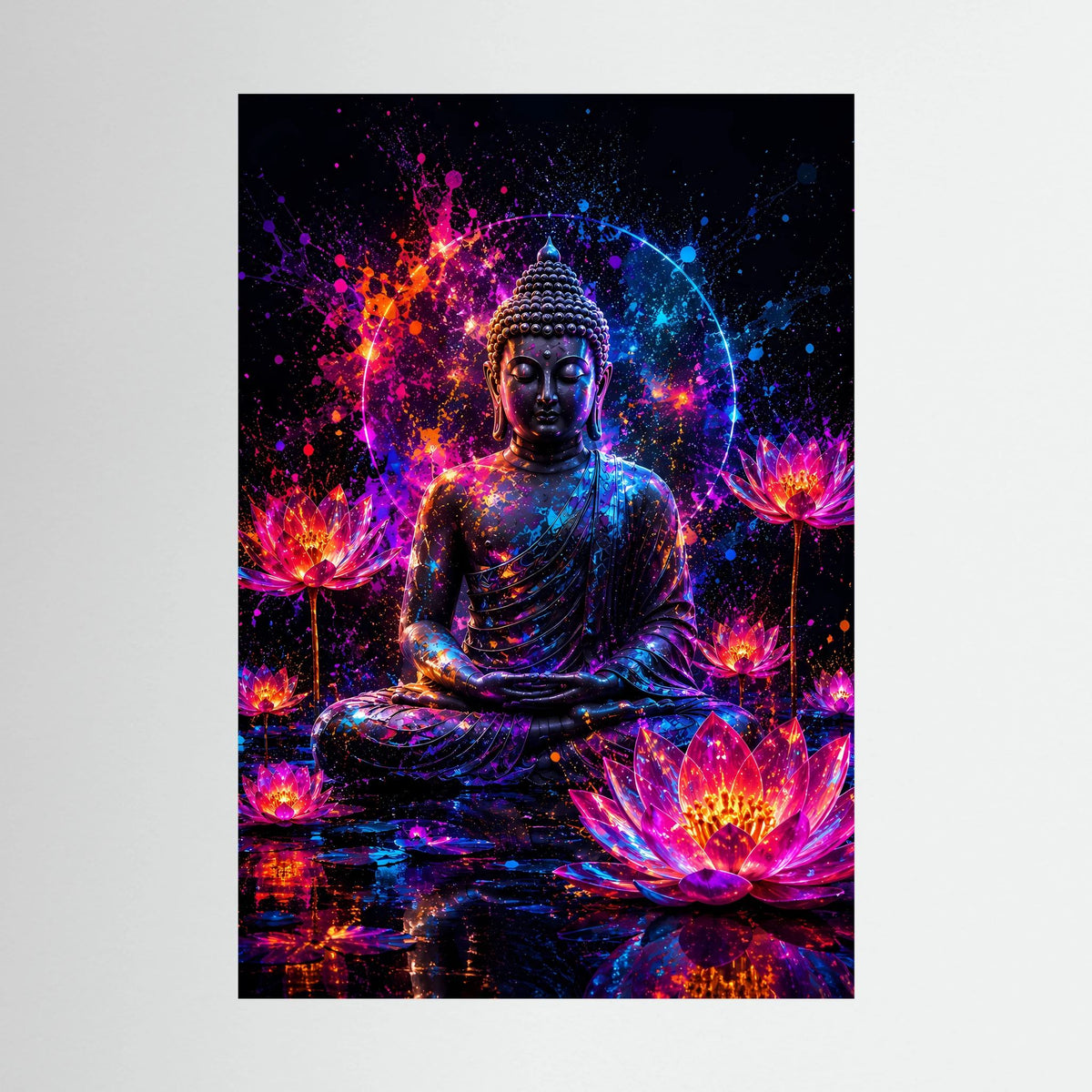 Poster Hochformat: sitzender Buddha in Neon-Pink/Blau mit leuchtenden Lotusblüten