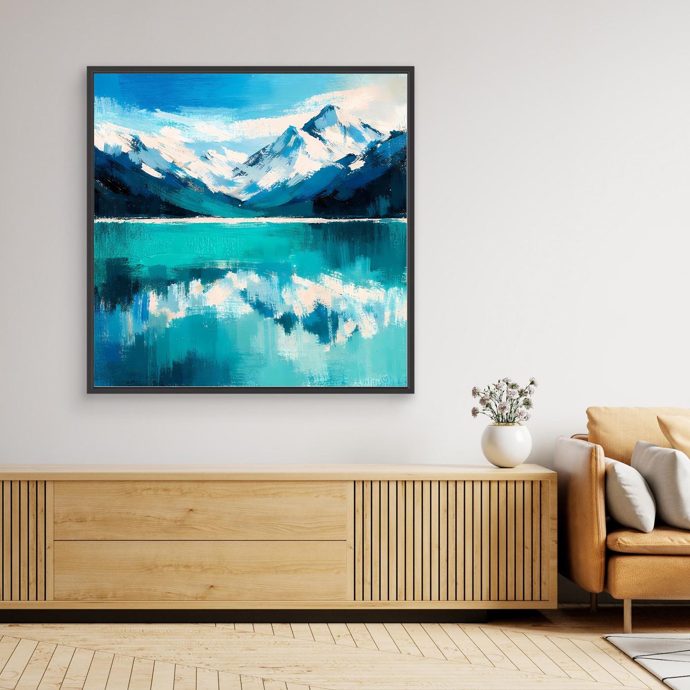 Leinwand Abstraktes Bergsee Gemälde | Modernes Alpines Wandbild Türkis Blau