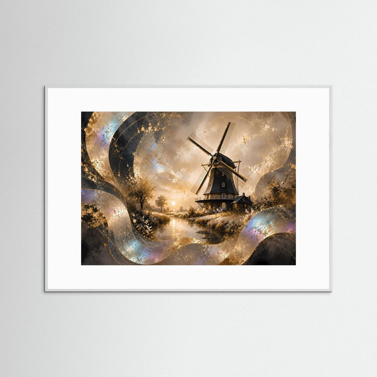 Poster mit Windmühle, weiß gerahmt, abstrakte Gold-Perlmutt-Landschaft