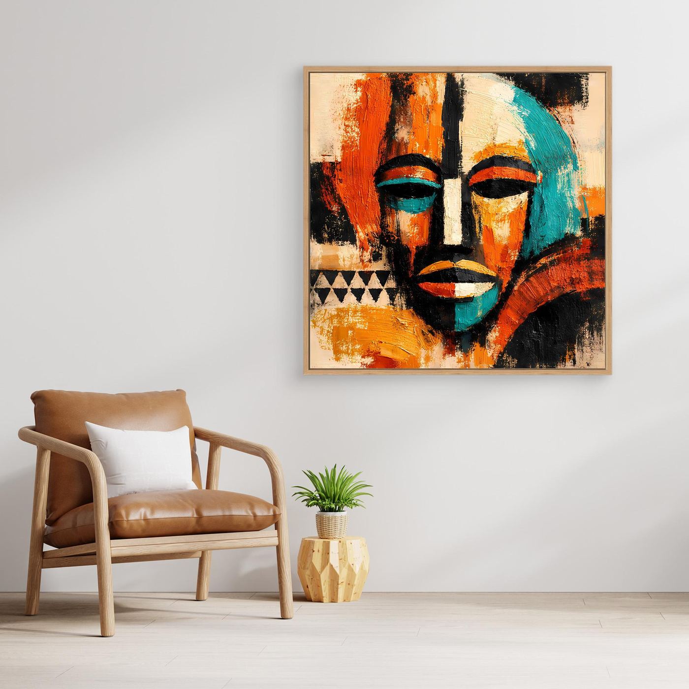 Framed abstract mask canvas with teal eyes and nose, orange-red and beige layers, black