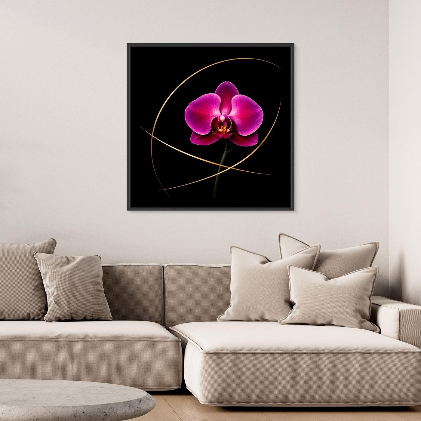 Leinwandbild Orchidee mit zentraler magenta Blüte und goldenen Linien, schwarzer Rahmen