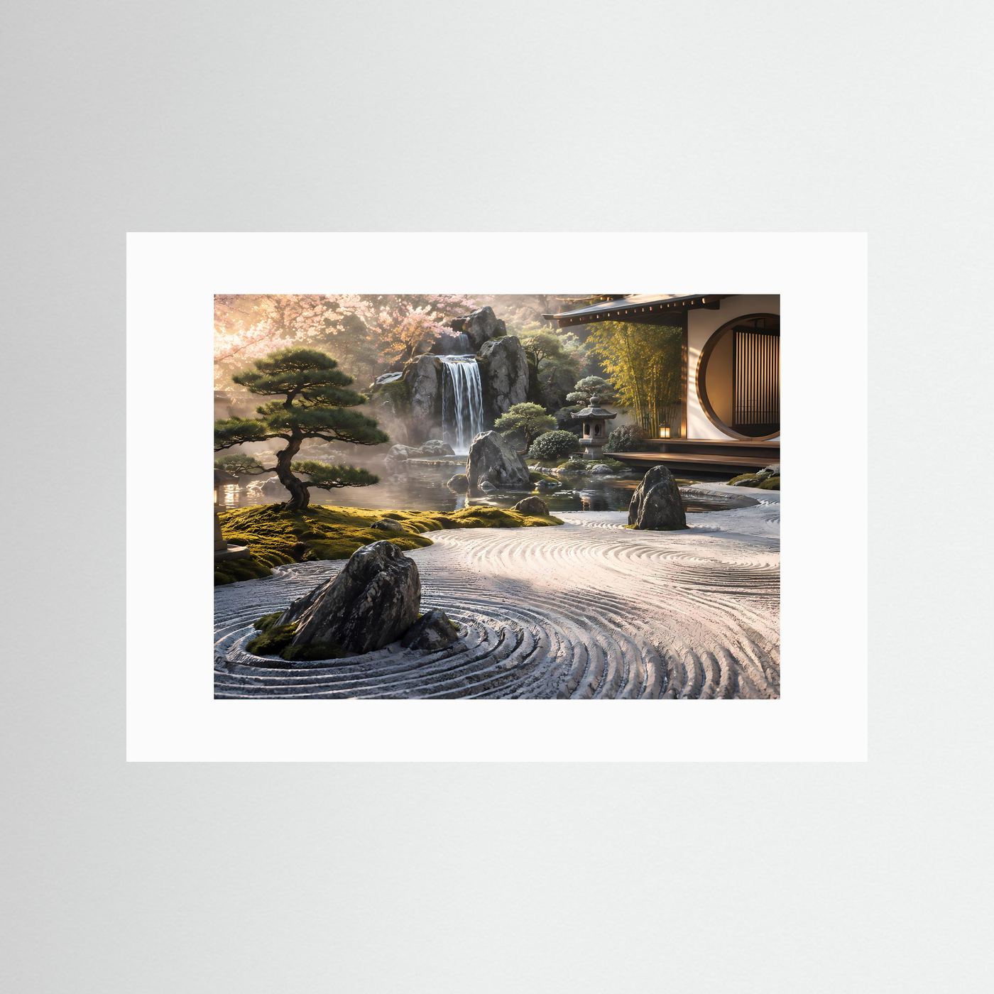 Japanischer Zen Garten Poster | Asiatischer Garten mit Wasserfall | Japan Landschaft Wandbild | Meditationskunst | Moderne Premium Leinwand