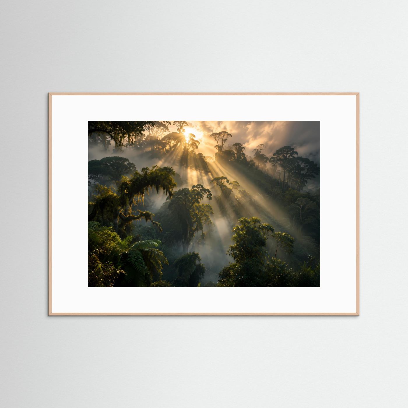 Wandposter Tropenwald mit Sonnenstrahlen, sattes Grün, rosefarbener Holzrahmen