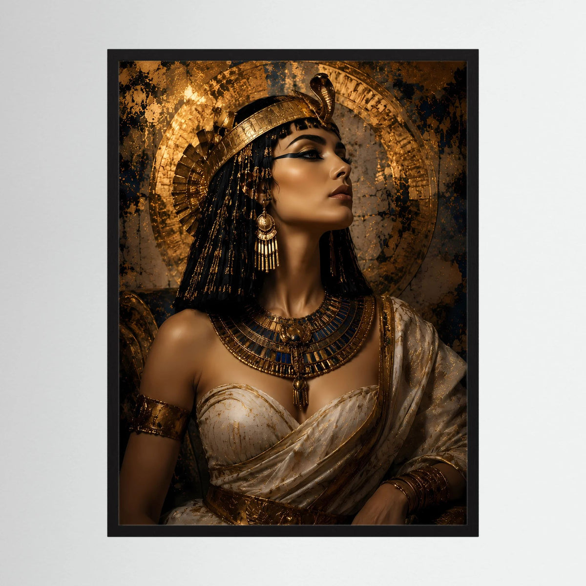 Gerahmtes Hochformat-Poster mit Cleopatra-Porträt, goldener Kopfbedeckung und Gewand
