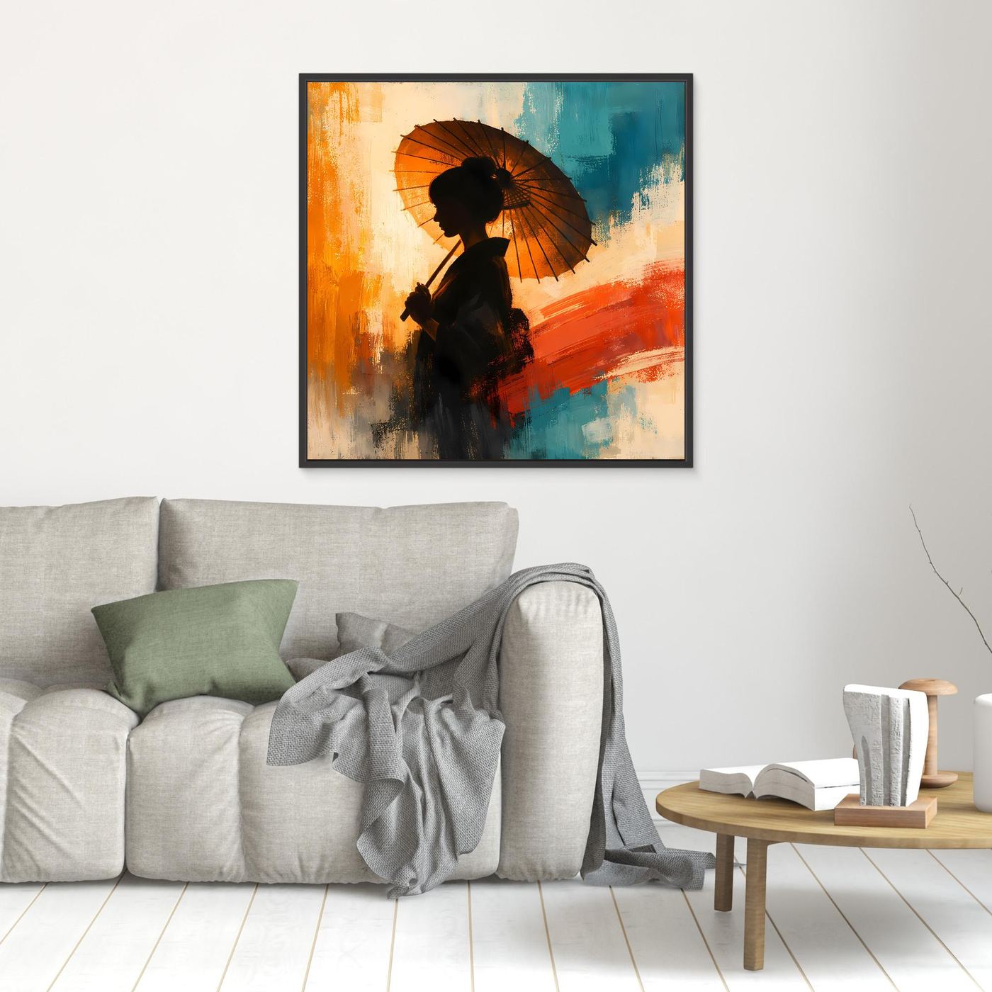 Leinwand Elegante Frau mit Sonnenschirm | Ästhetisches Japanisches Wandbild auf Keilrahmen