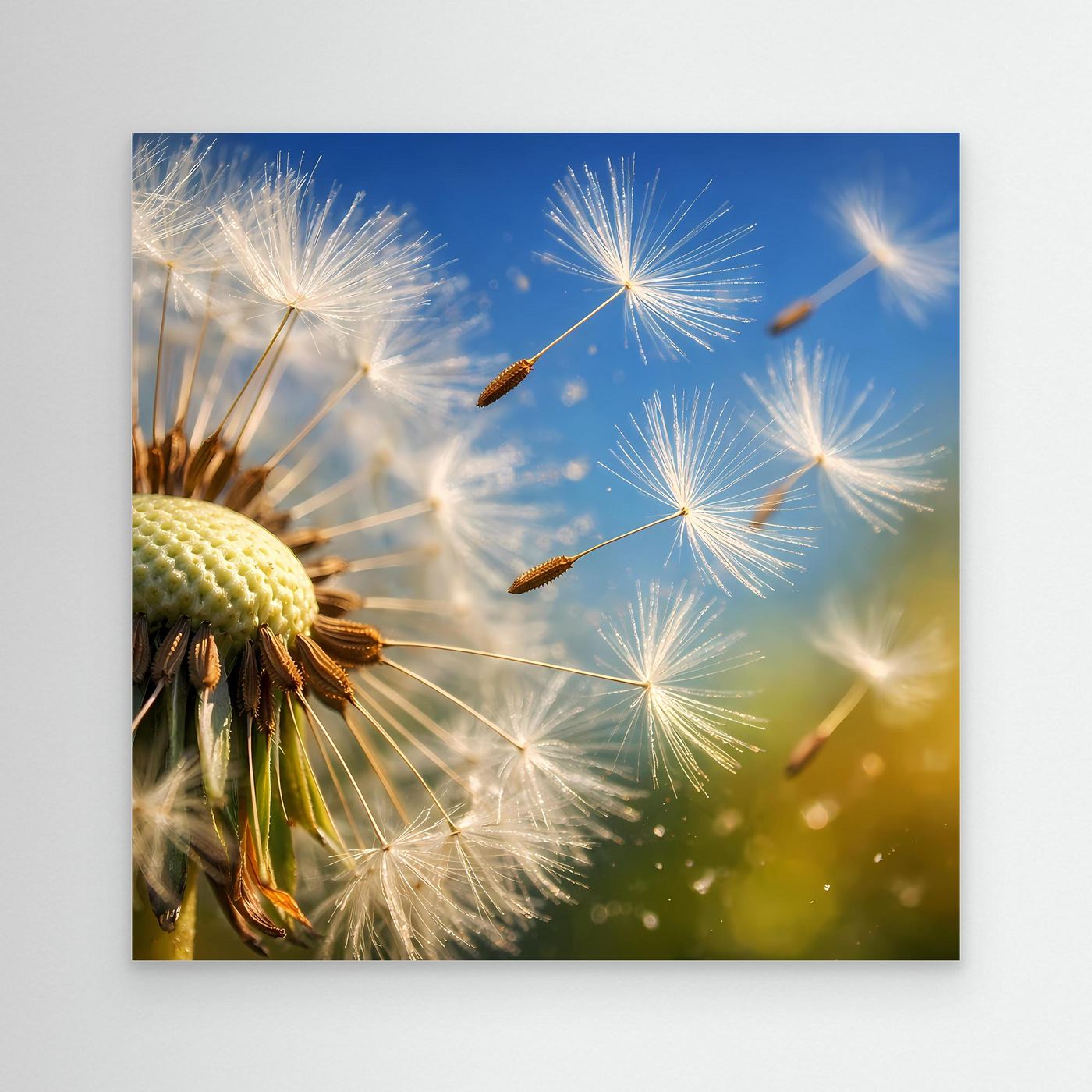 Leinwandbild mit Makro-Pusteblume und fliegenden Löwenzahnsamen, blau-gelbe Farbtöne