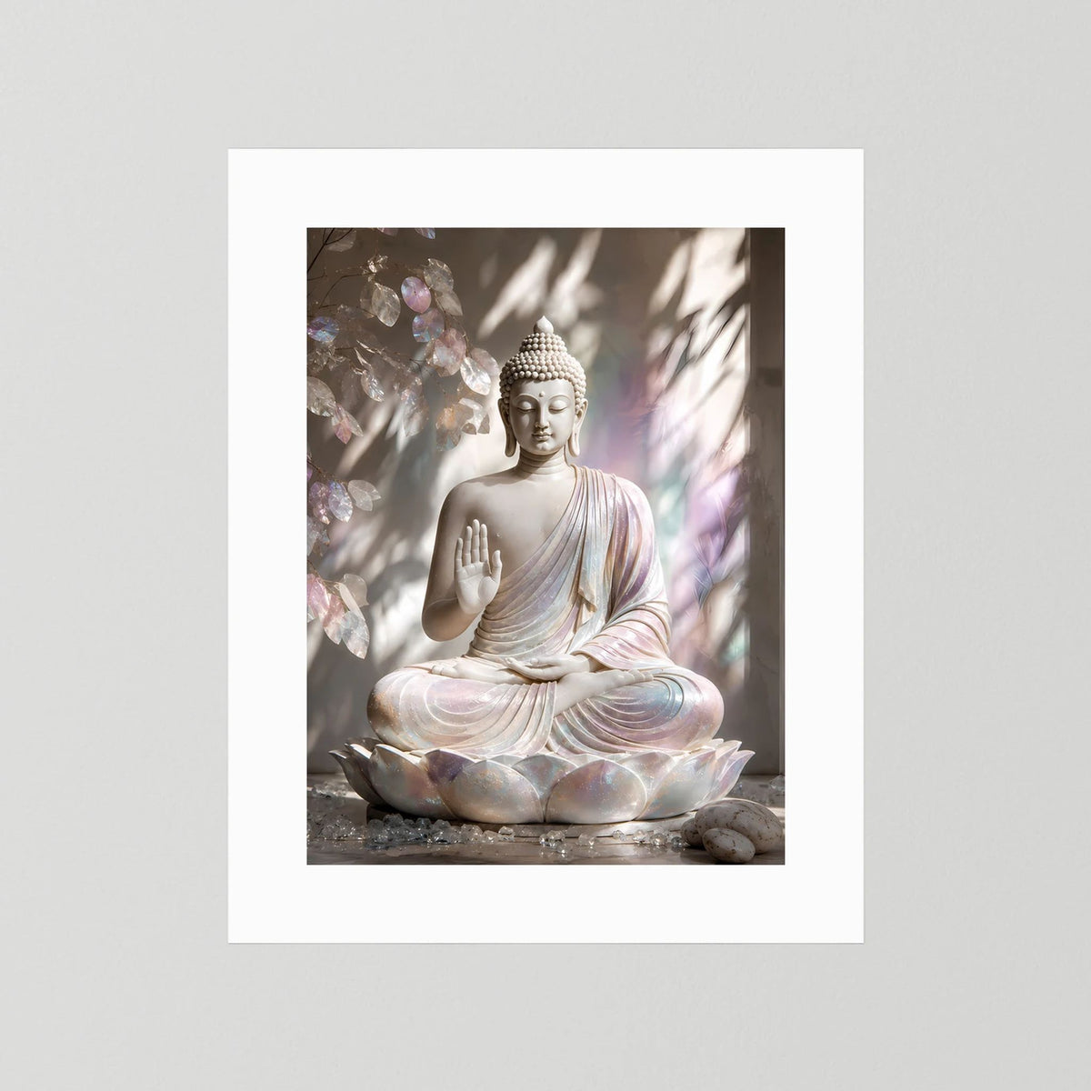 Posterprint mit sitzendem Buddha auf Lotus, Hand in Schutzgeste