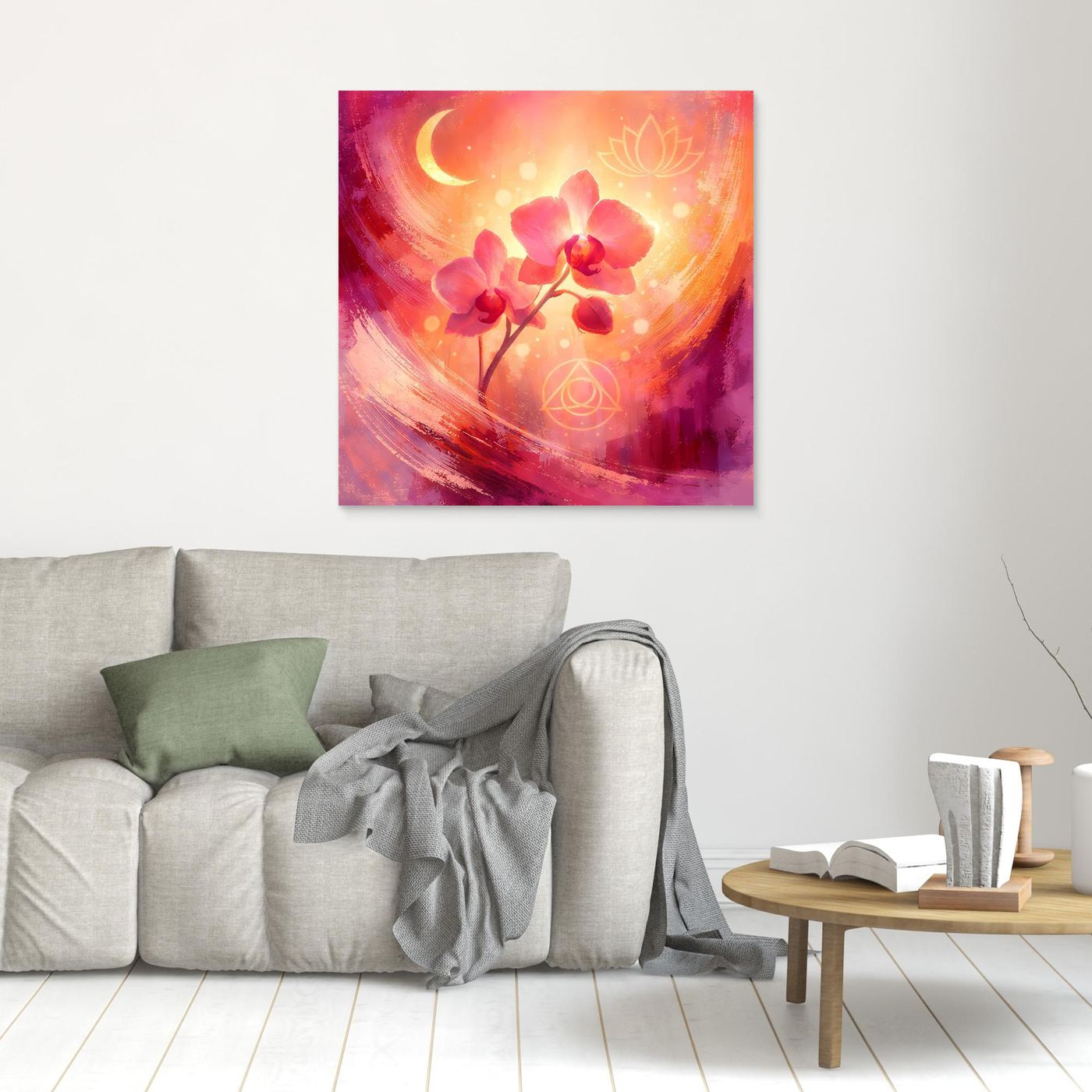 Wandbild mit abstrakten Orchideen, Mondsichel und Lotus-Symbolen, ohne Rahmen