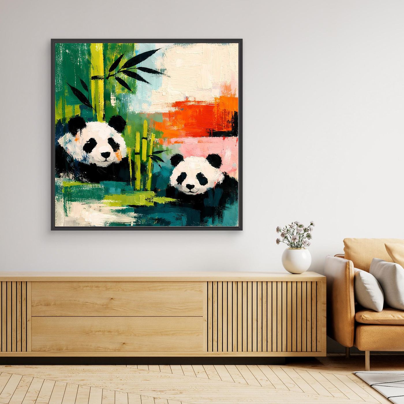 Abstract panda canvas wall art with bamboo forest scene, black frame