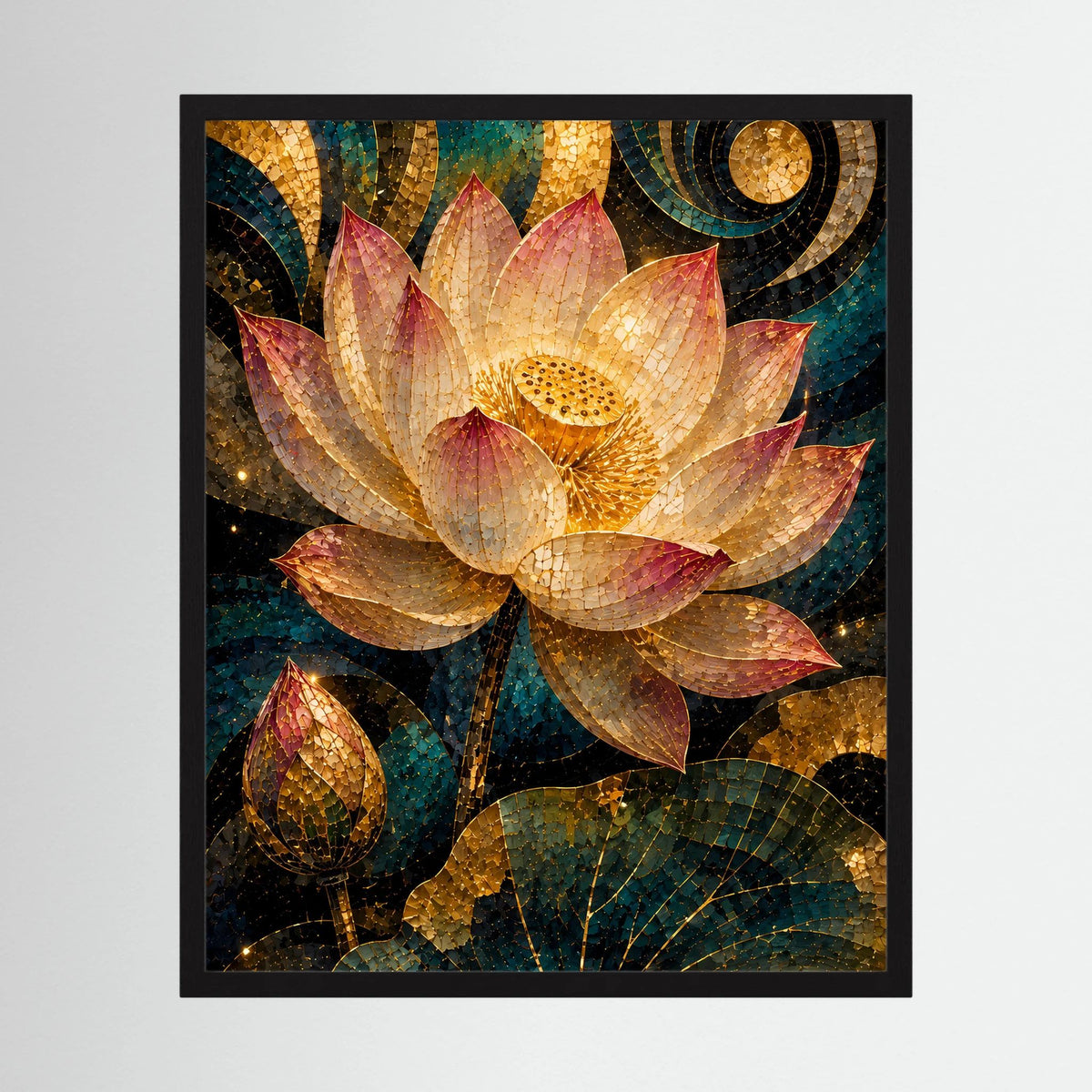 Hochformat-Poster mit goldener Lotusblüte, gerahmt in Schwarz, Mosaik in Petrol/Rosa