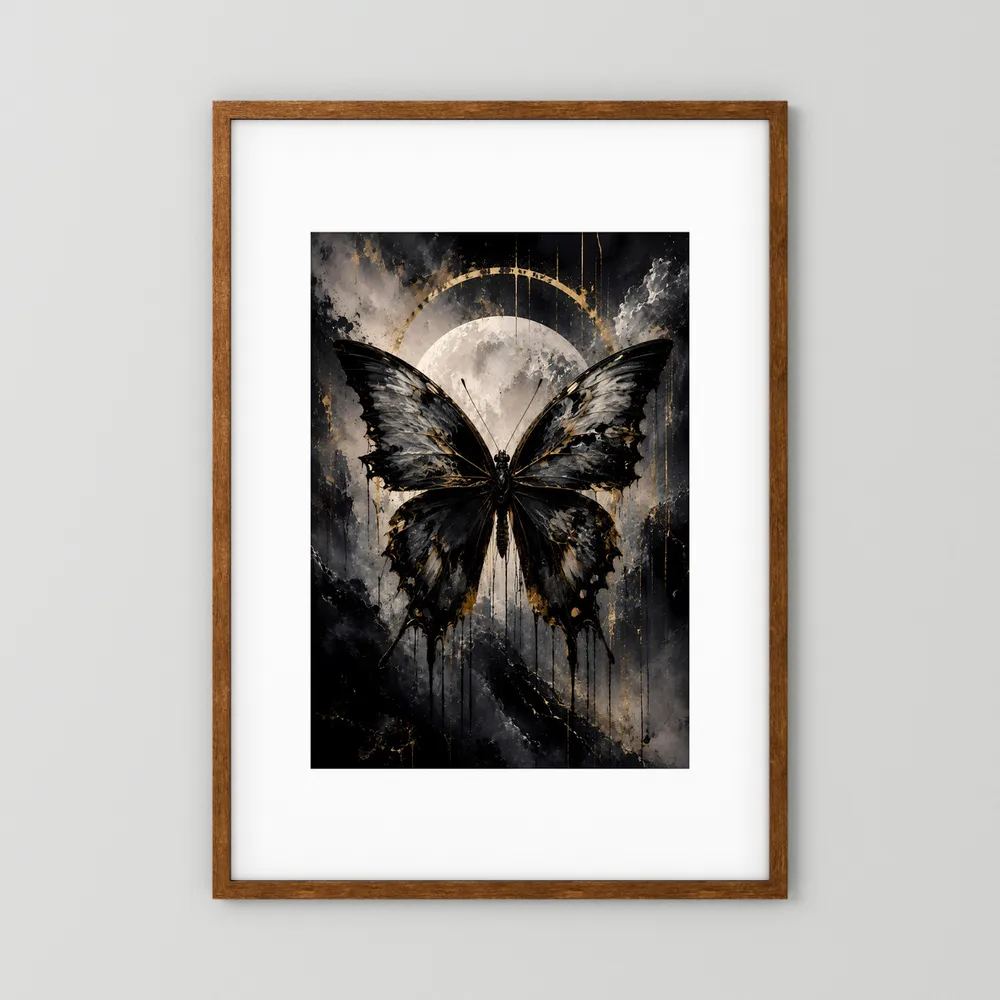 Poster im braunen Holzrahmen mit schwarzem Schmetterling, goldenen Akzenten und Mondmotiv