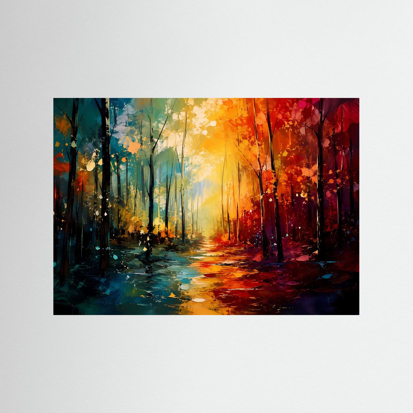 Abstrakter Wald in leuchtenden Farben | Moderne Naturkunst in Petrol, Orange & Rot